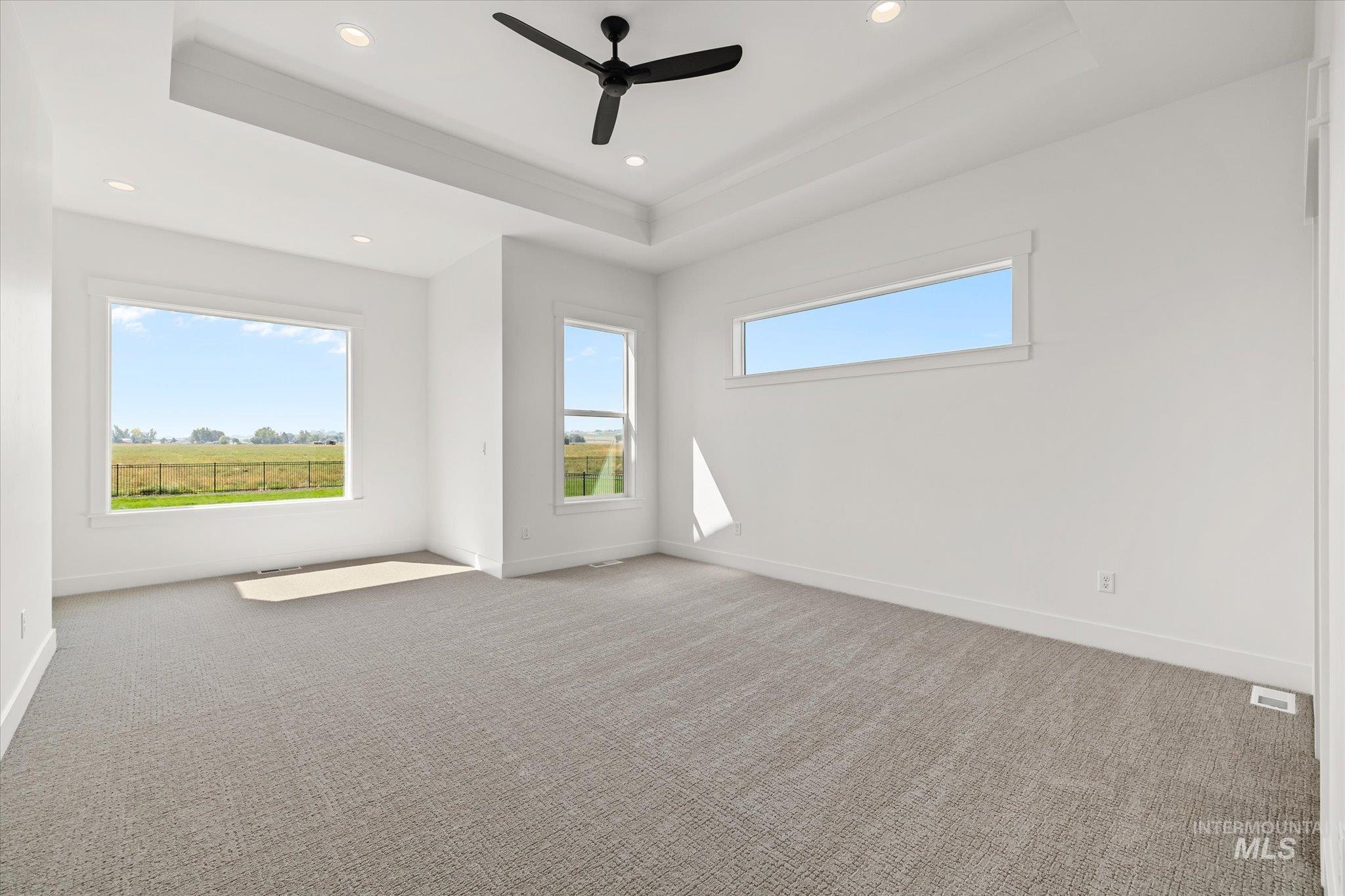 Carpeted spare room with a raised ceiling, a ceiling fan, and recessed lighting