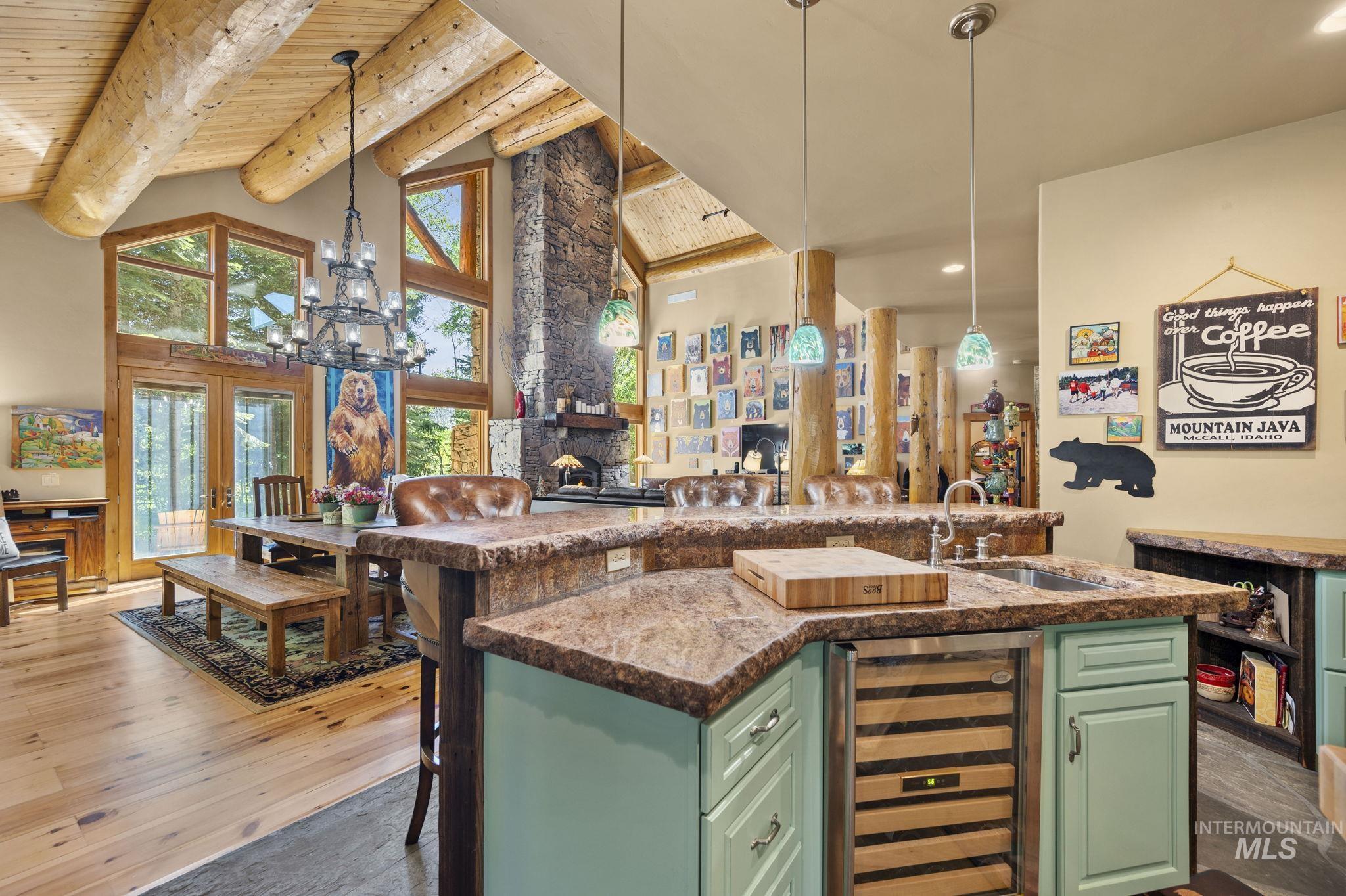 Indoor wet bar with wine cooler, hardwood / wood-style floors, a wooden ceiling with exposed beams, high vaulted ceiling, and recessed lighting