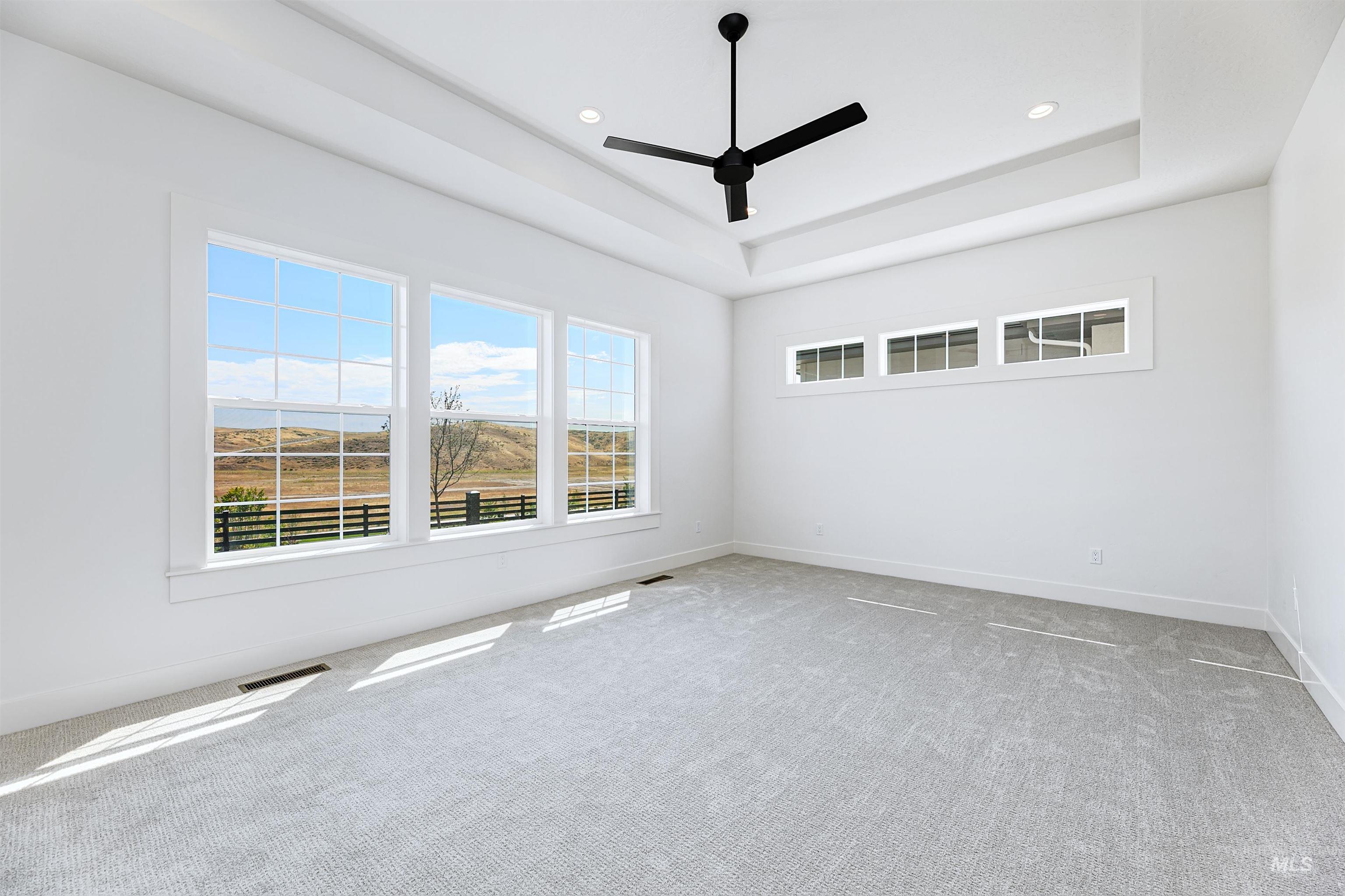 Carpeted spare room with a raised ceiling, plenty of natural light, ceiling fan, and recessed lighting