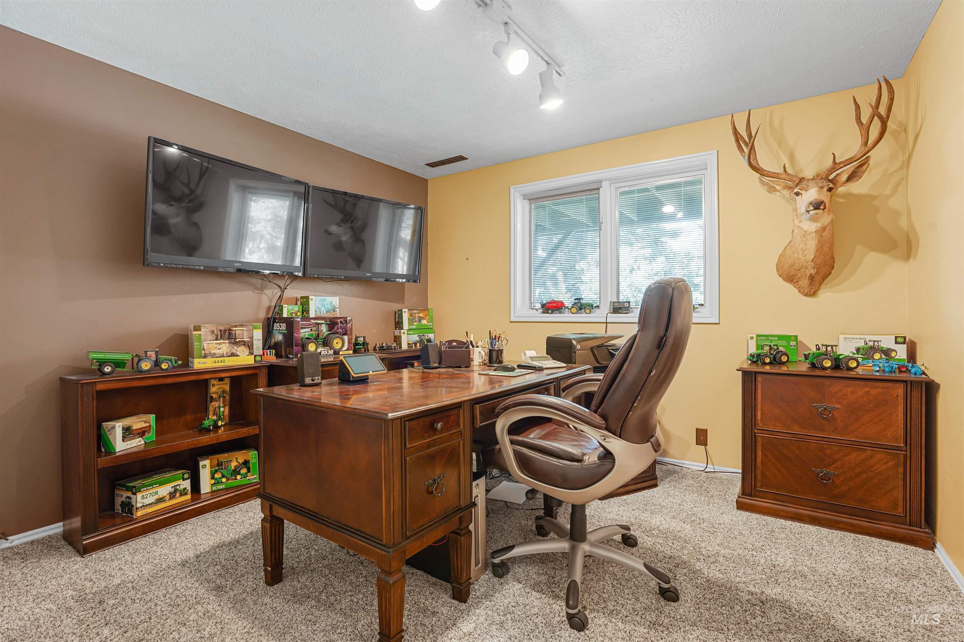 Carpeted office with rail lighting and baseboards