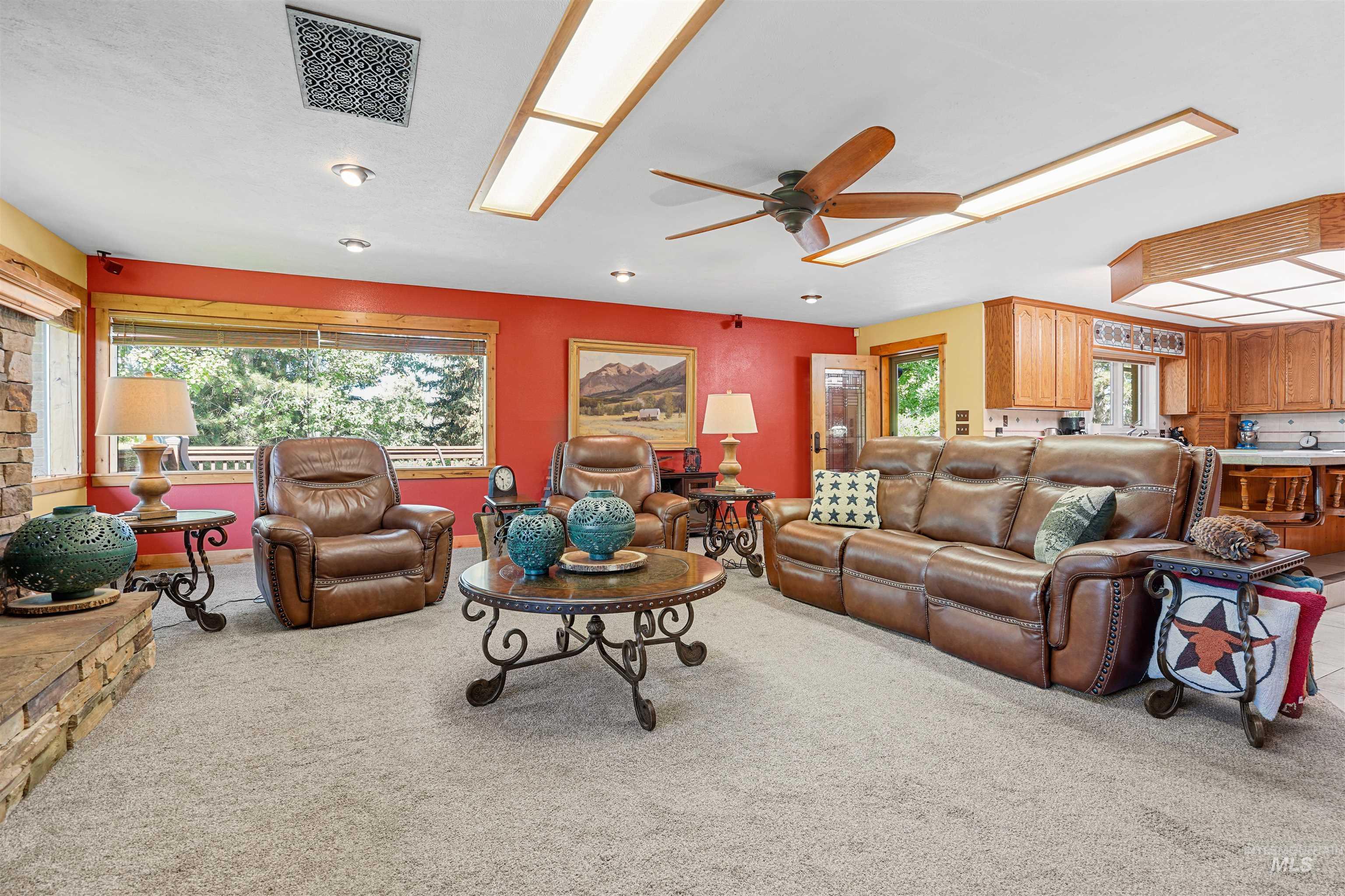 Living room featuring carpet floors, plenty of natural light, and a ceiling fan