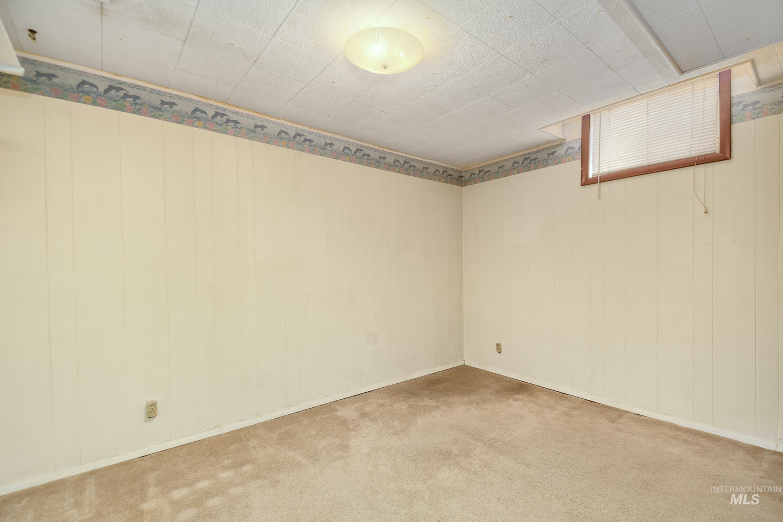 Spare room with carpet and wood walls