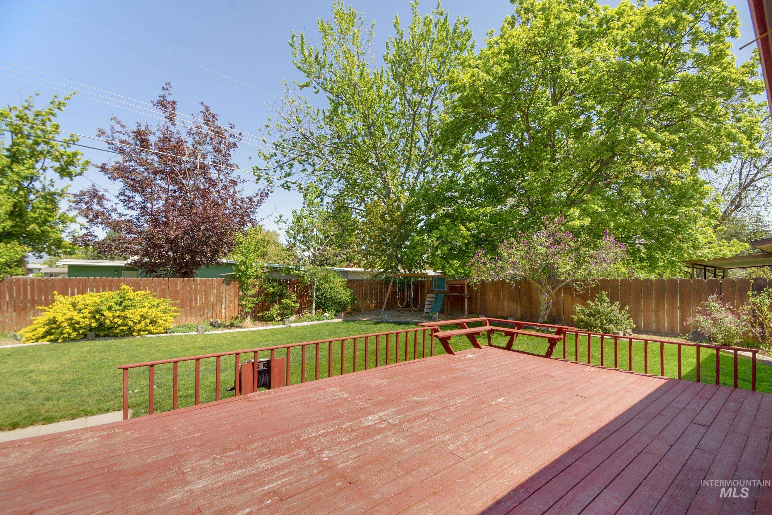 Deck featuring a fenced backyard and a playground