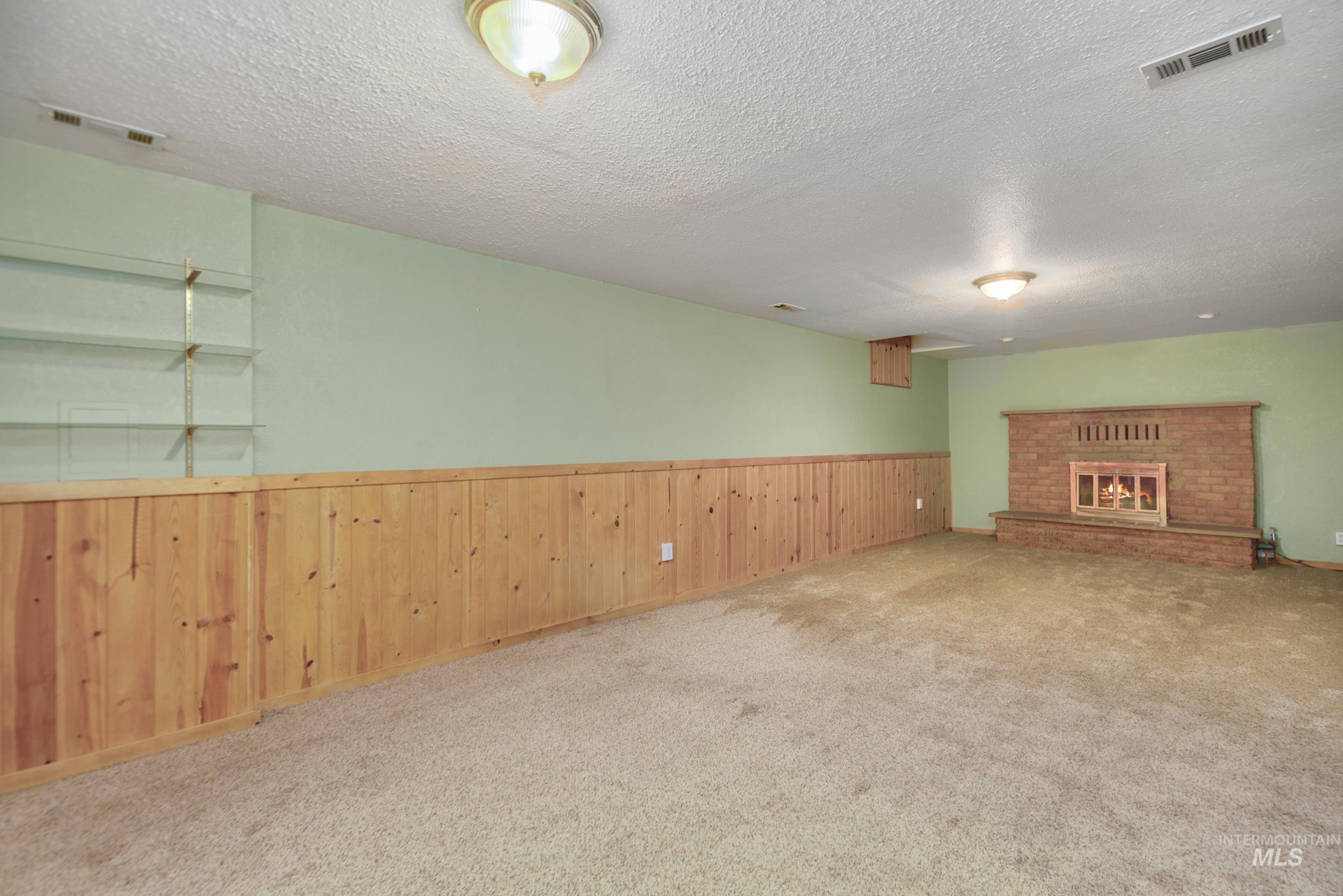 Finished below grade area with a textured ceiling, a fireplace, carpet, a wainscoted wall, and wooden walls