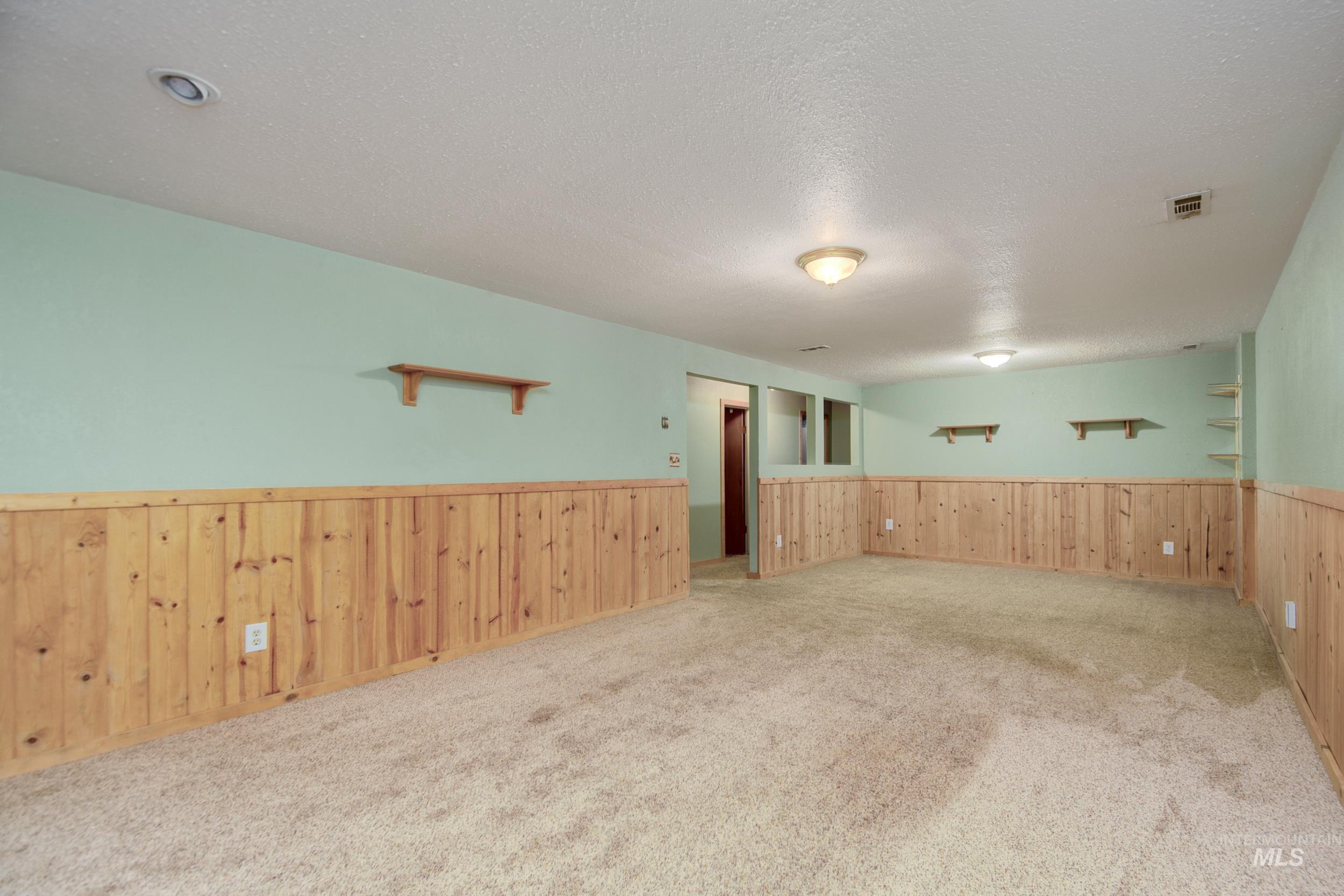 Empty room with carpet, wooden walls, wainscoting, and a textured ceiling