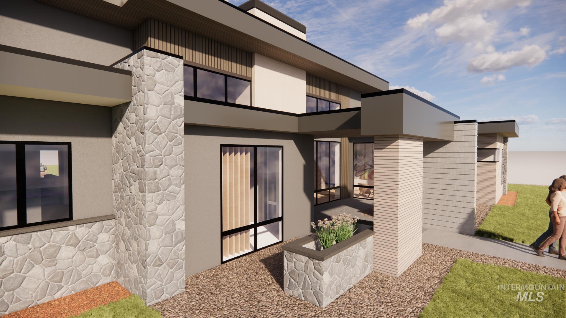 View of side of home featuring stone siding and stucco siding