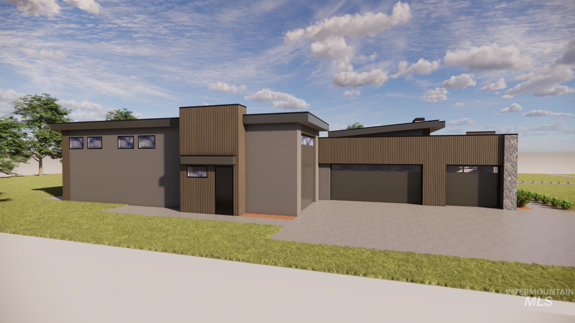 Contemporary house with a garage, decorative driveway, and a front lawn