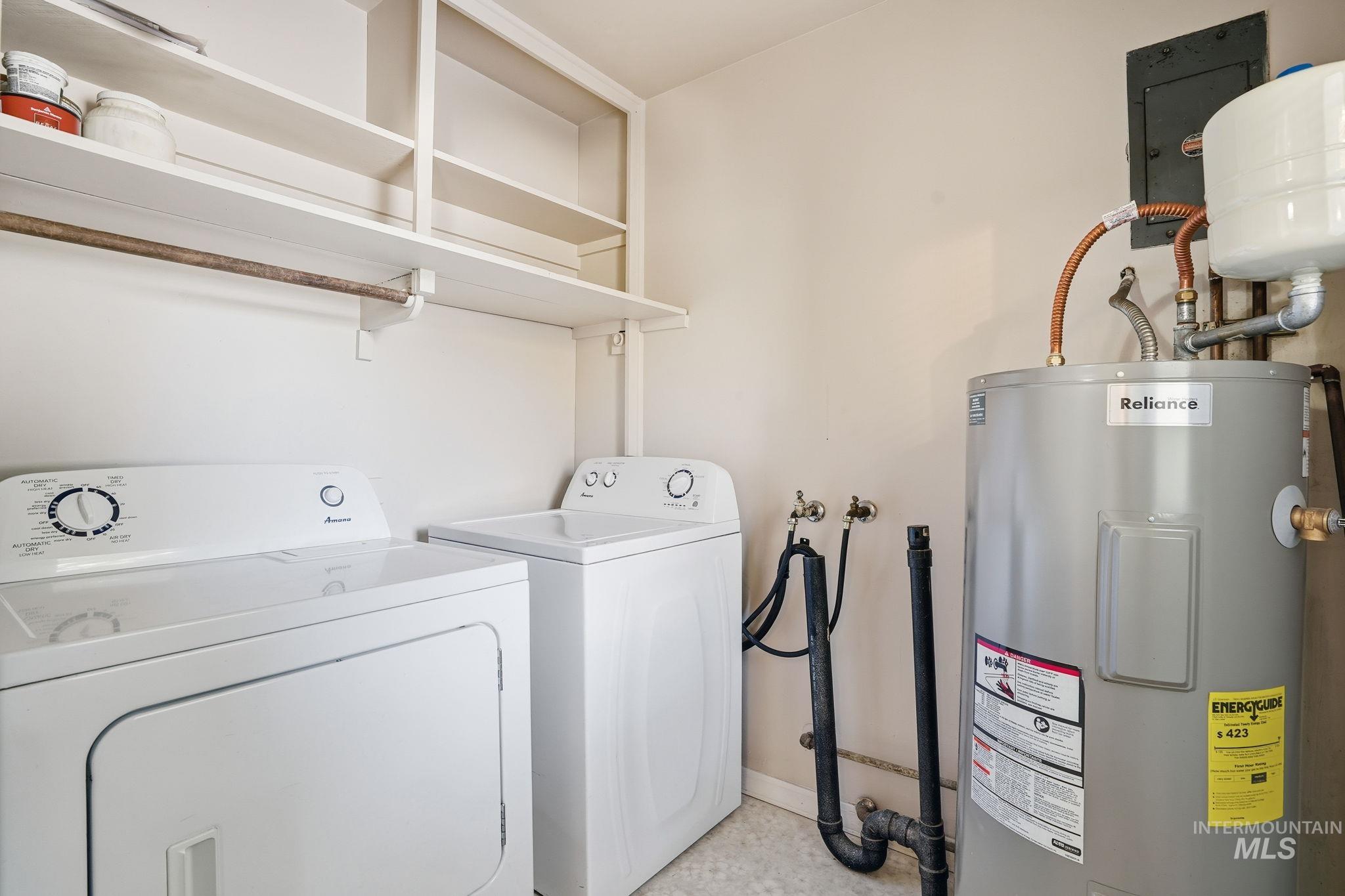 Laundry area featuring electric water heater, electric panel, and washer and clothes dryer