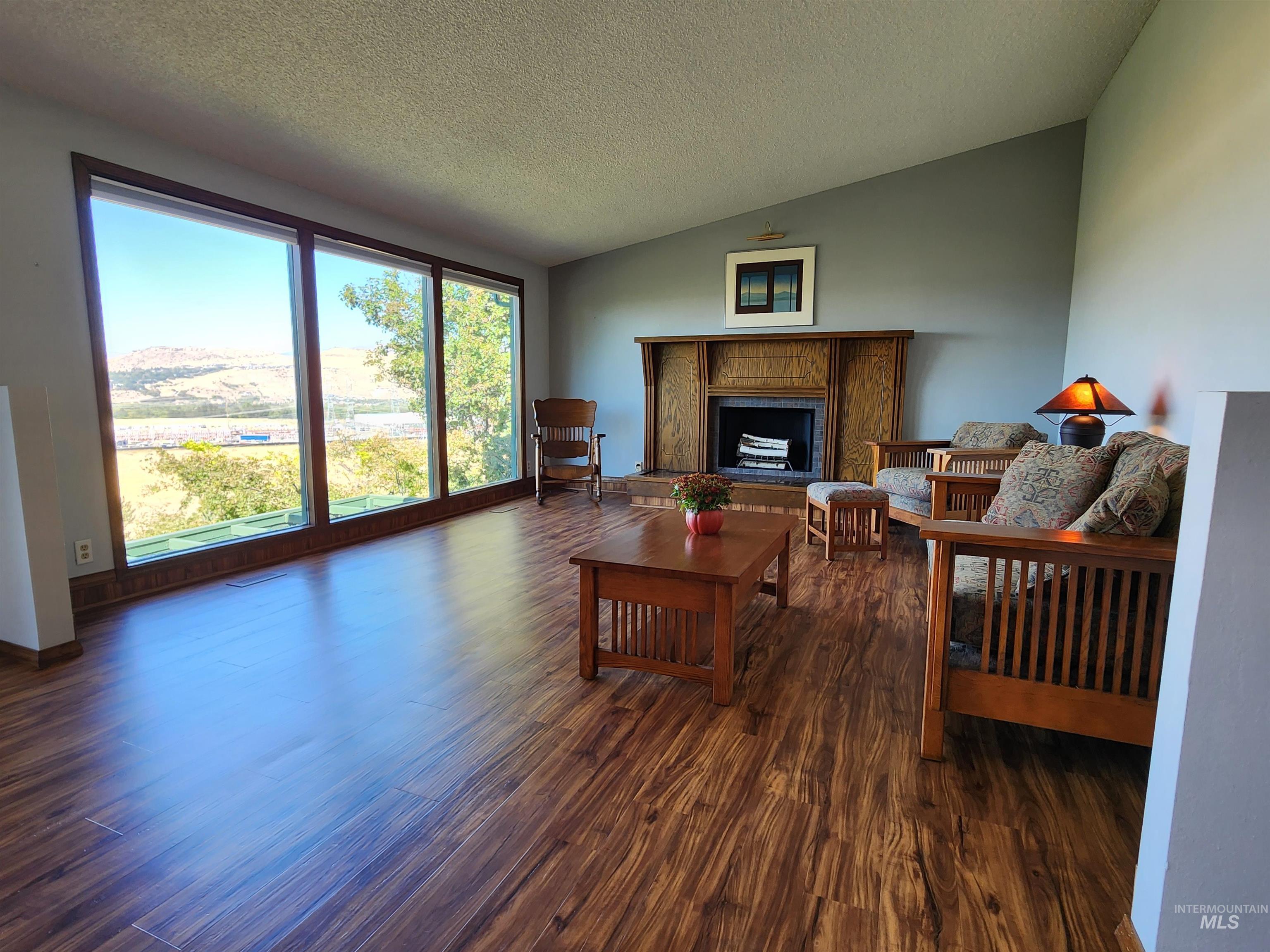 Living room with lofted ceiling, a textured ceiling, dark wood-style flooring, and a fireplace with raised hearth