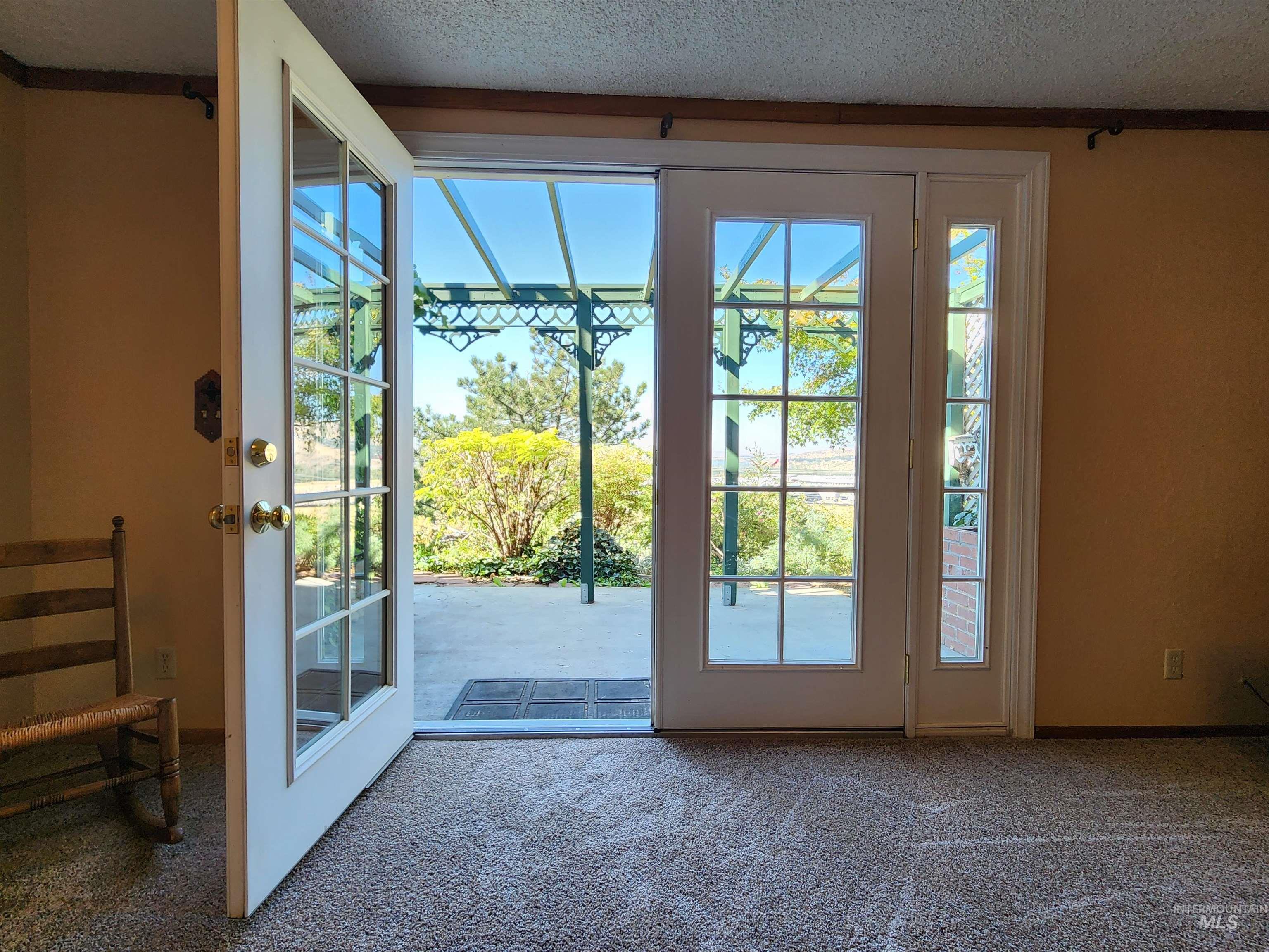 Entryway featuring a textured ceiling, plenty of natural light, and carpet floors