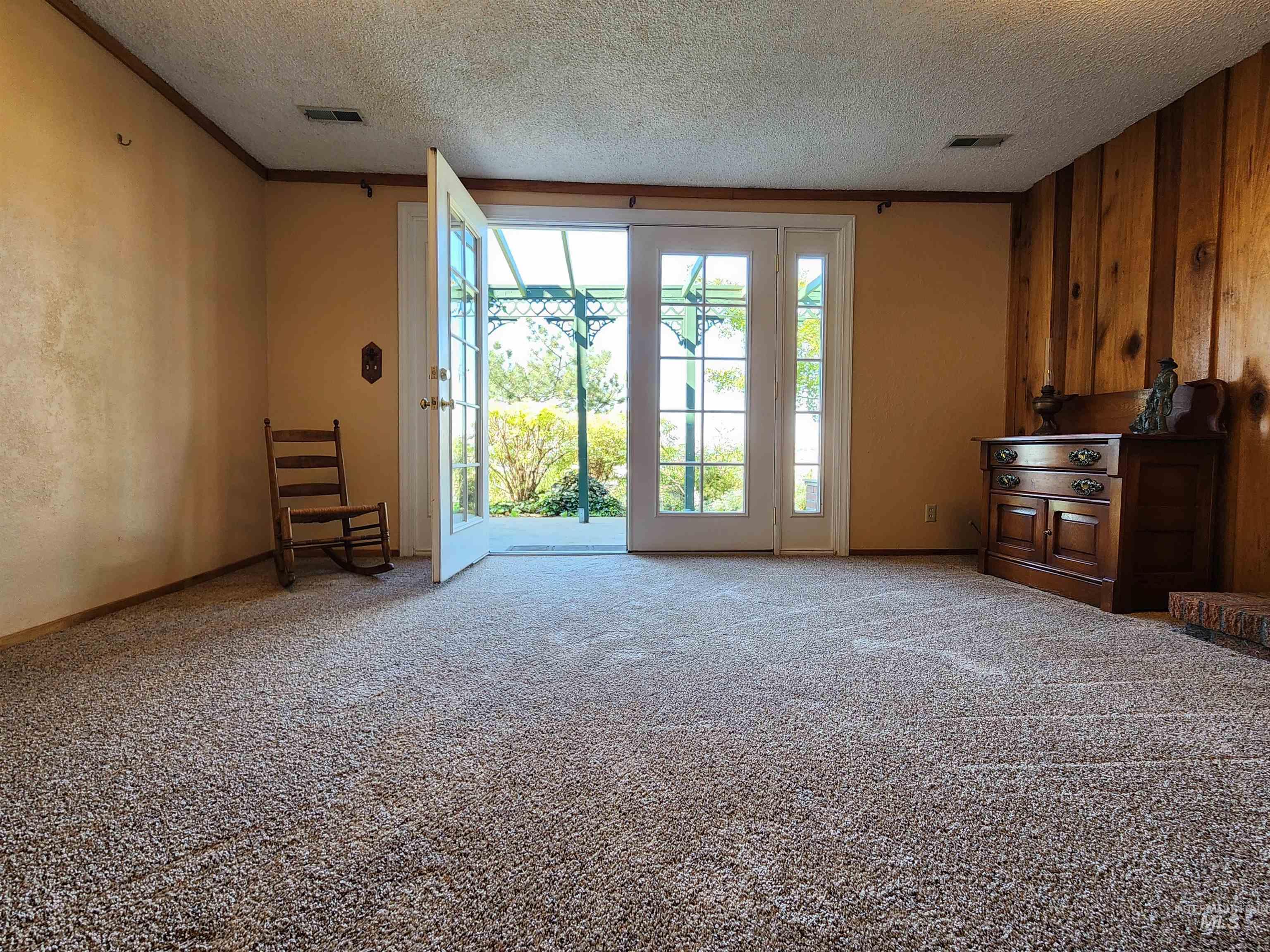 Unfurnished living room with carpet, a textured ceiling, and ornamental molding