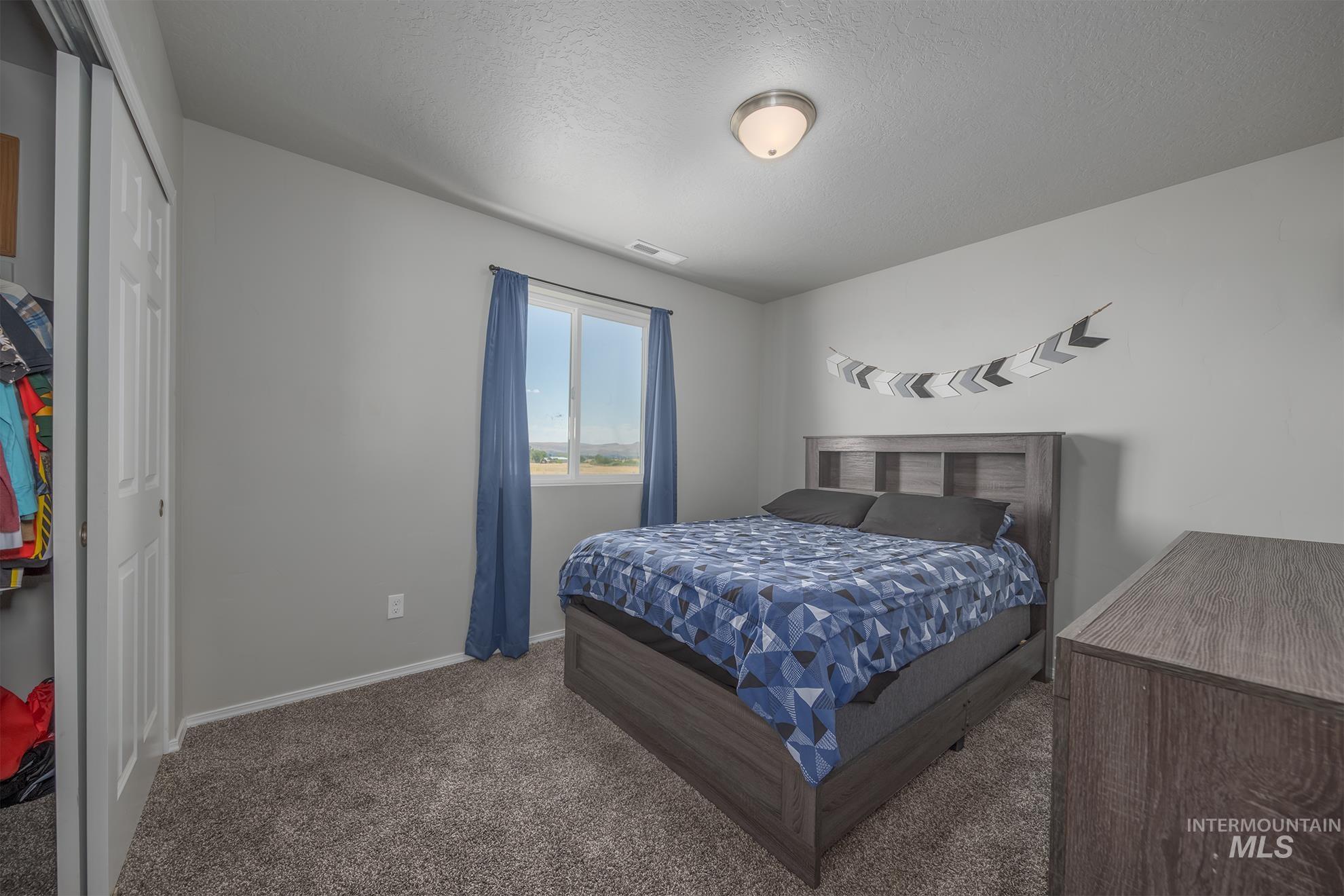 Comfortable bedroom featuring neutral gray walls, plush carpeting, a double-paned window, and a built-in closet with bifold doors