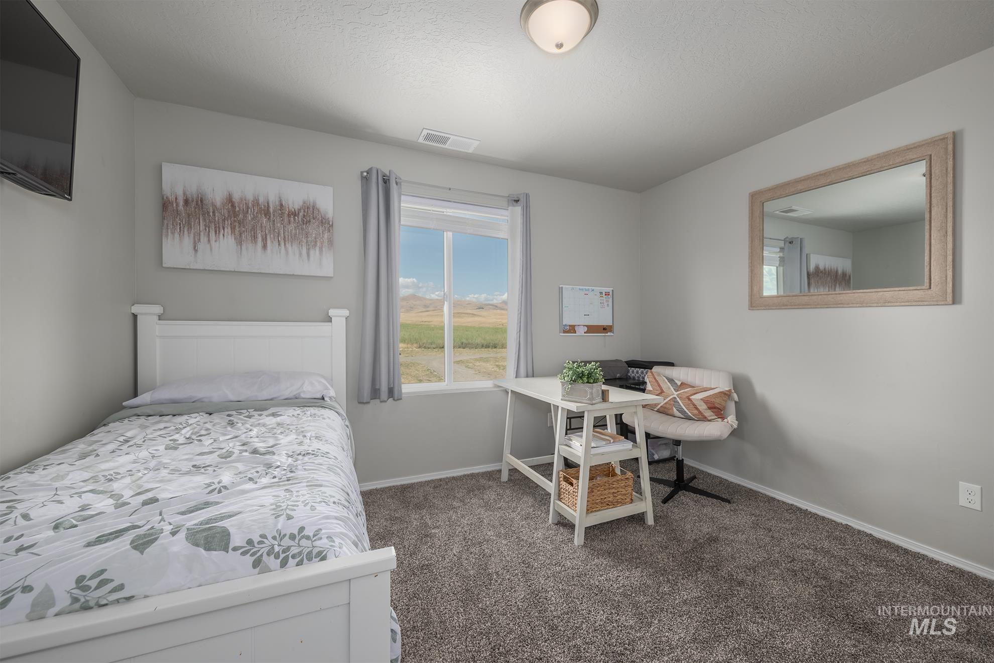 Bedroom featuring neutral wall paint, a single window, and textured carpeting