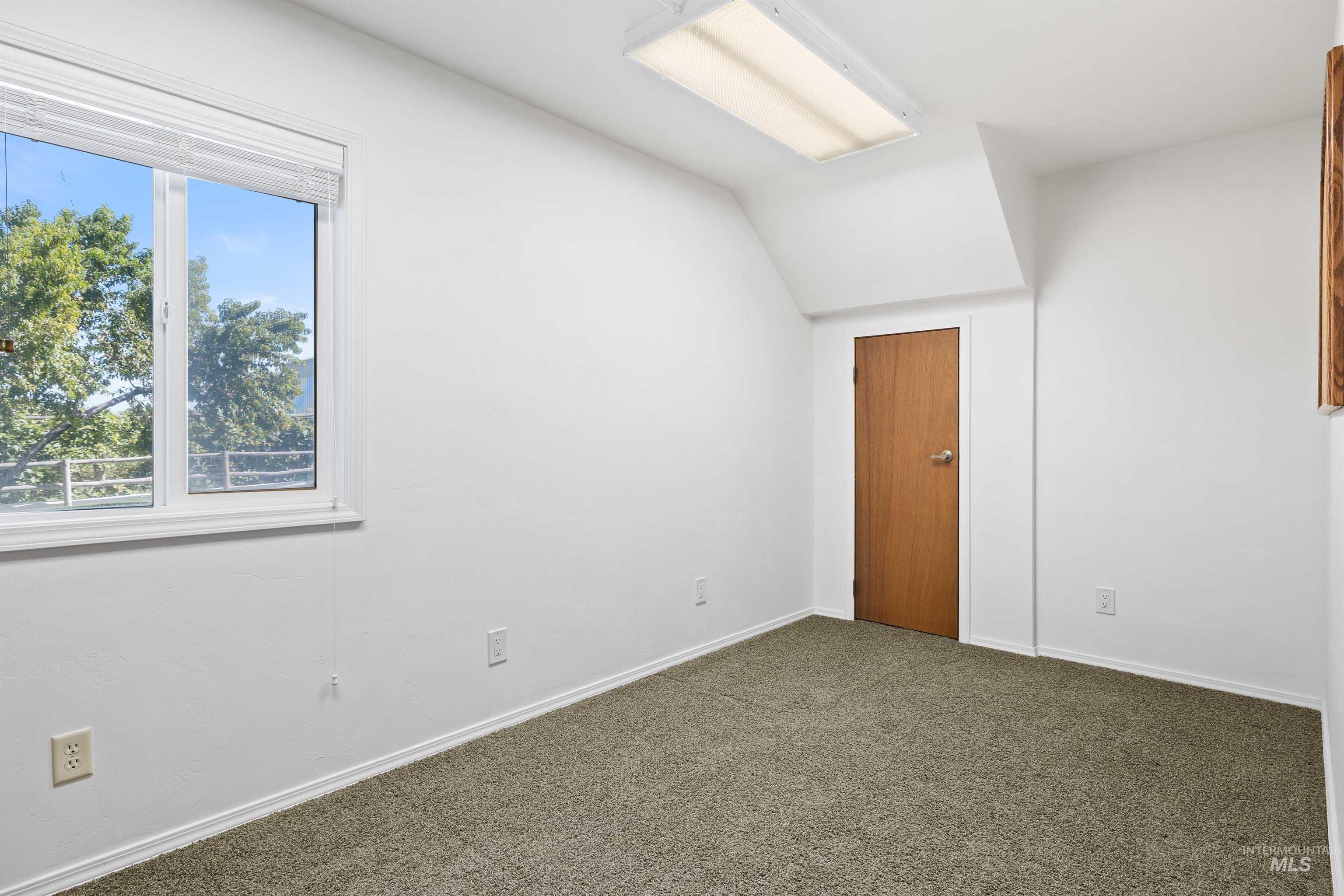 Spare room featuring plenty of natural light, dark colored carpet, and lofted ceiling