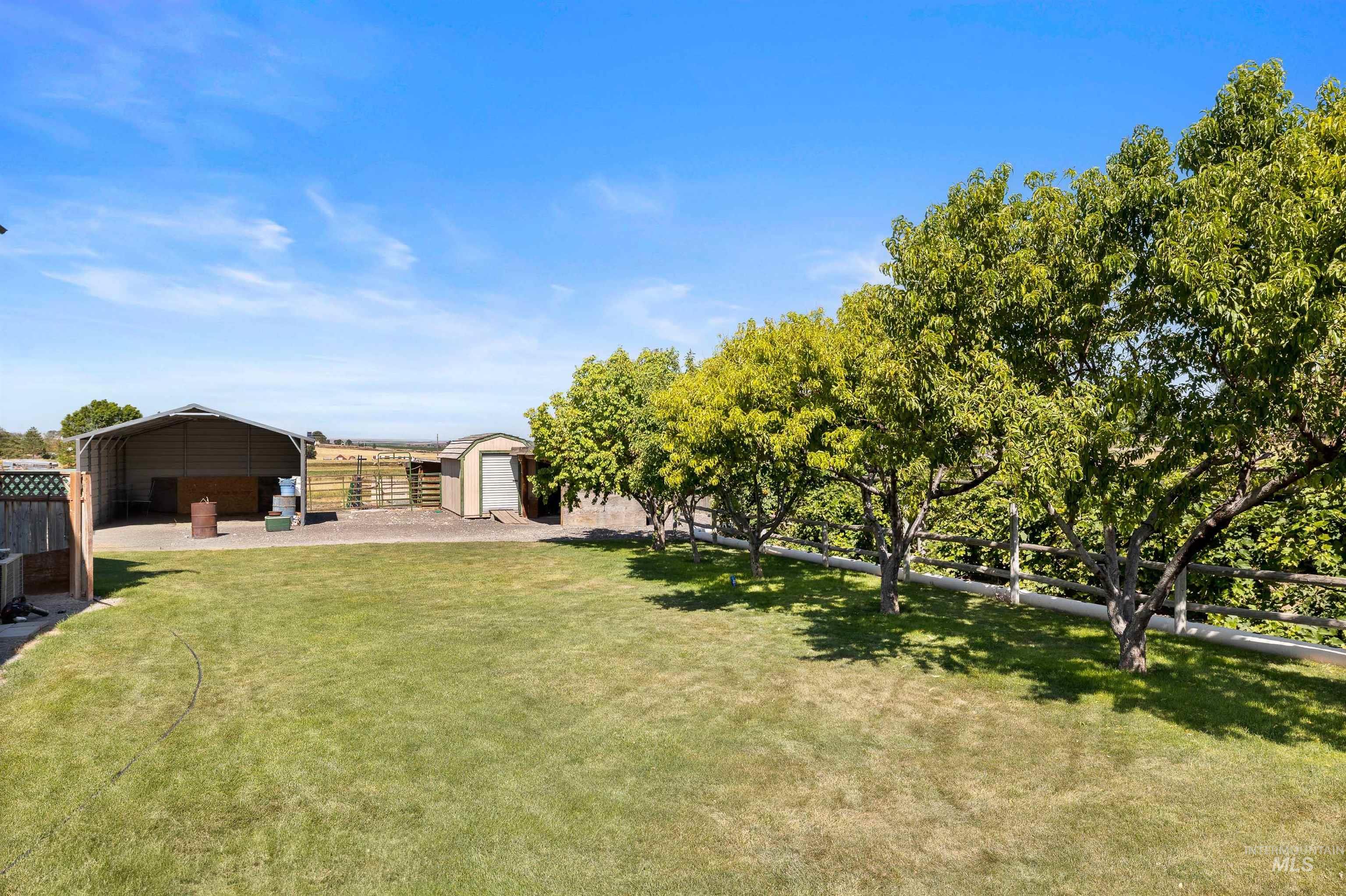 View of yard featuring a detached carport and a storage shed
