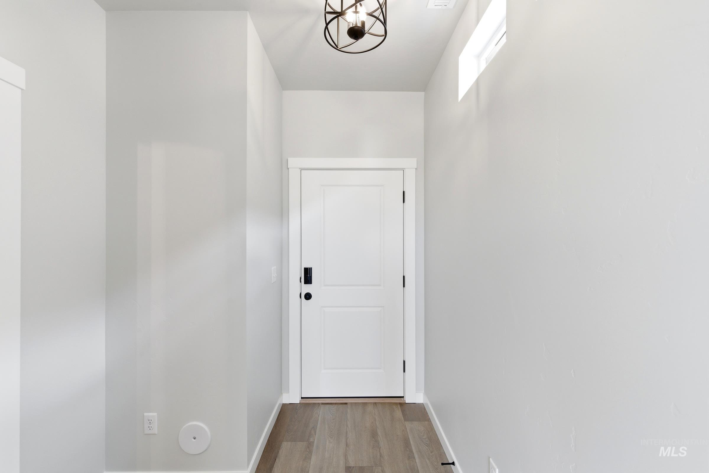 Entryway featuring a white paneled door, wood-finish flooring, and a contemporary ceiling light fixture