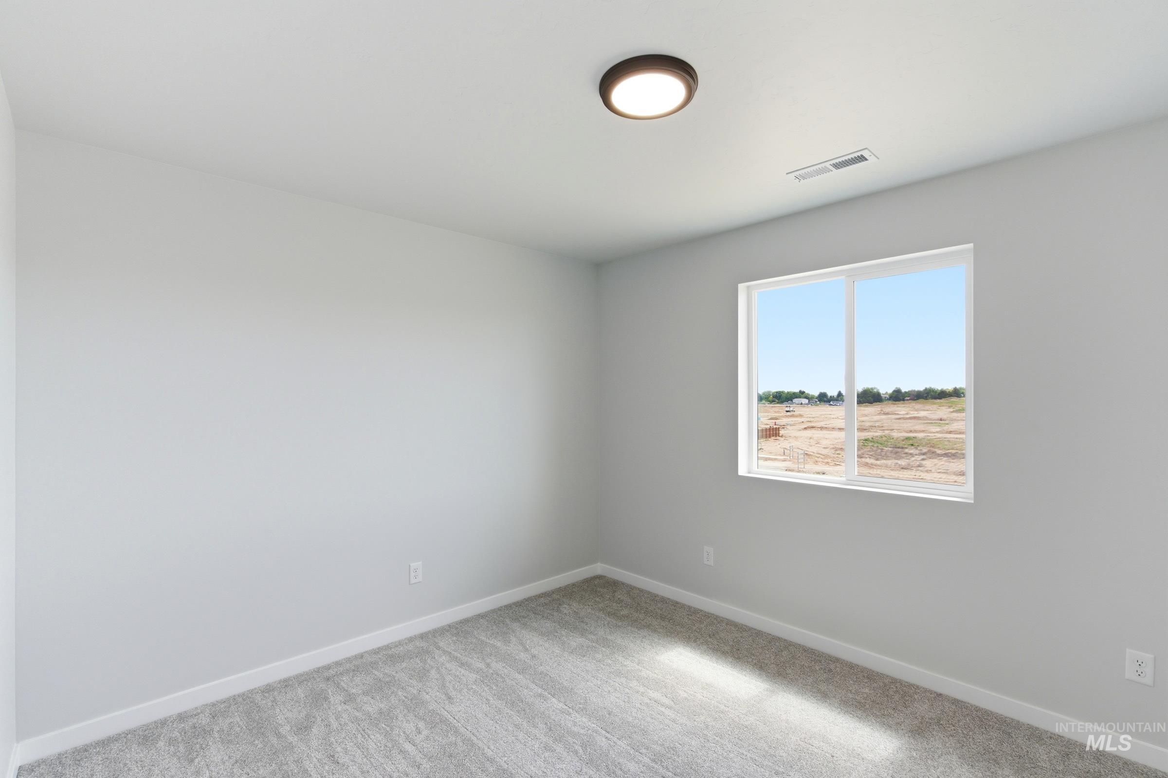 Bright room featuring a picture window, light gray carpet, white baseboards, and a flush-mount ceiling light fixture