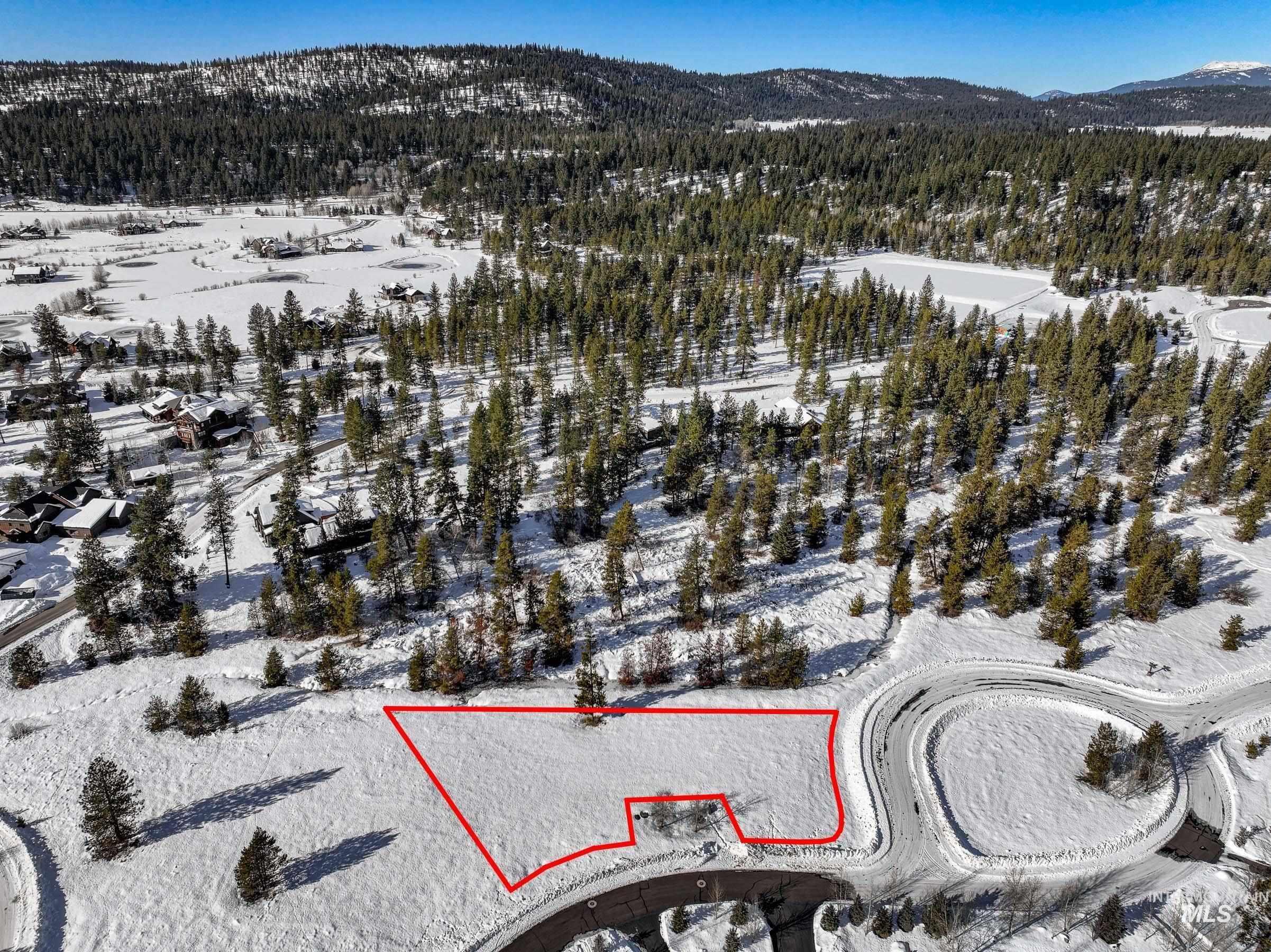 Snowy aerial view featuring a mountain view, a forest view, and property boundaries highlighted