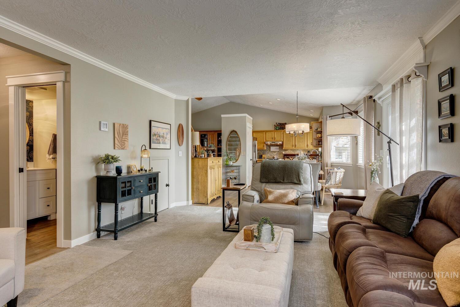 Carpeted living area with vaulted ceiling, crown molding, and a textured ceiling