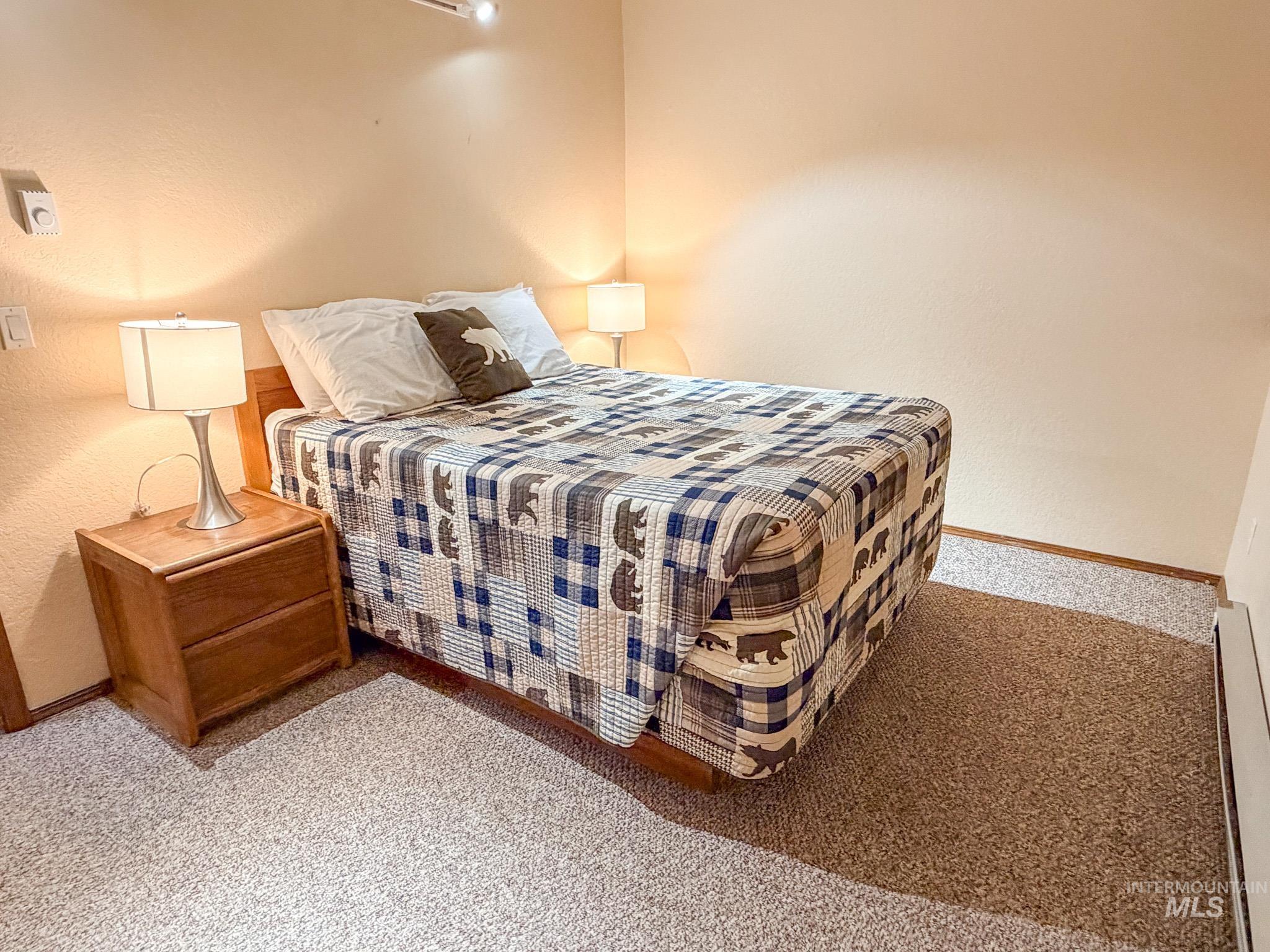 Bedroom featuring a textured wall, carpet flooring, and a baseboard heating unit