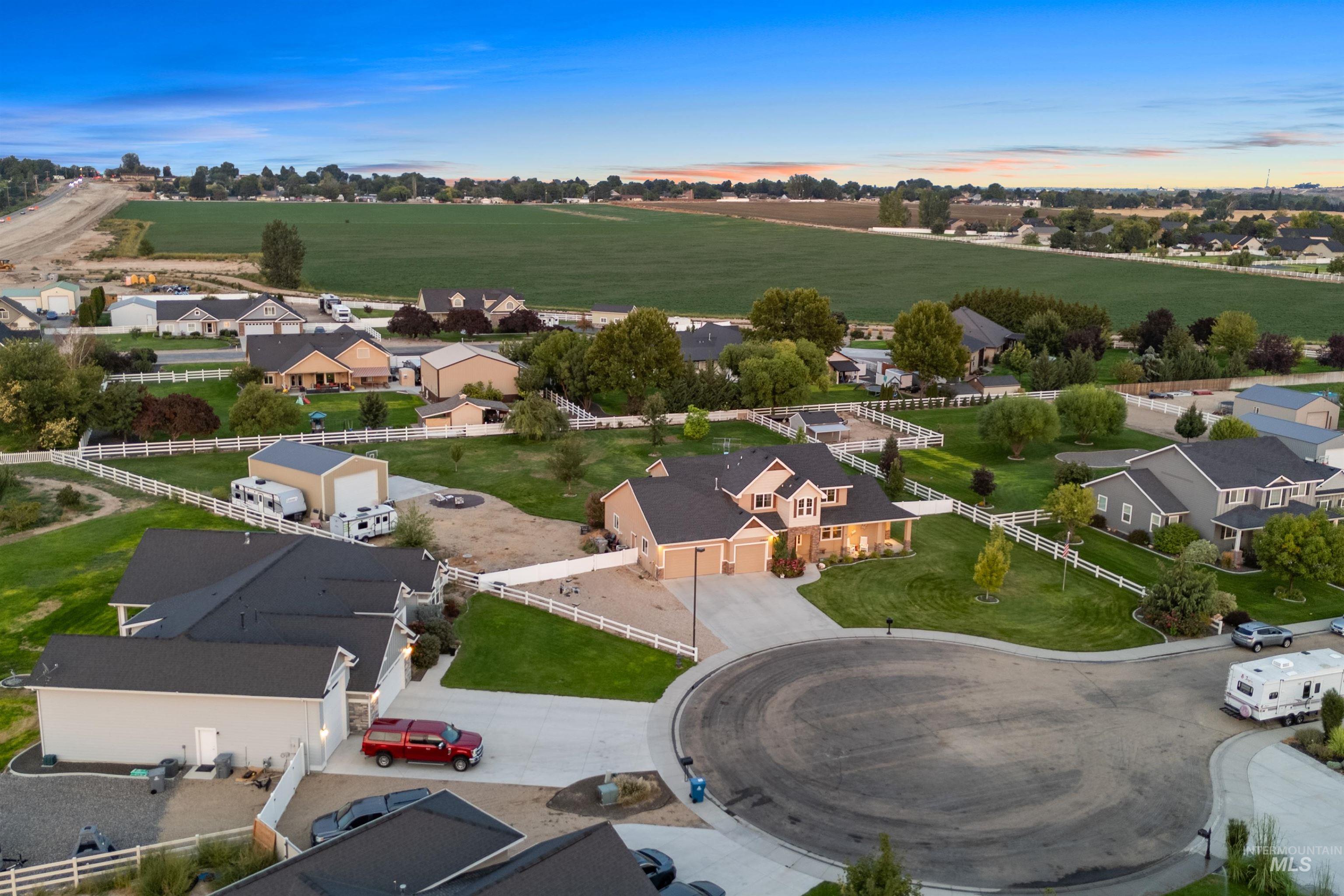 Aerial view at dusk of a residential view