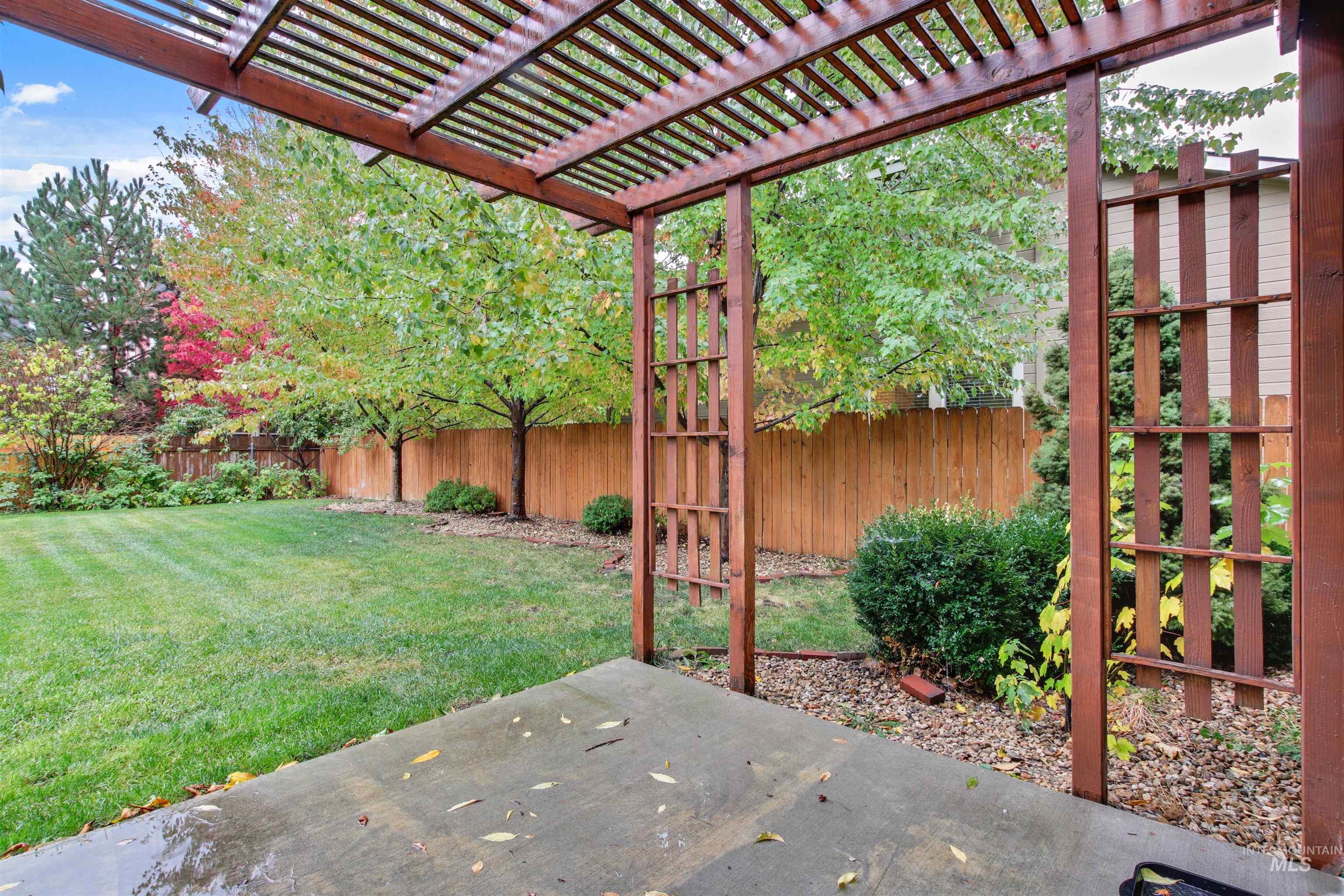 Fenced backyard featuring a patio