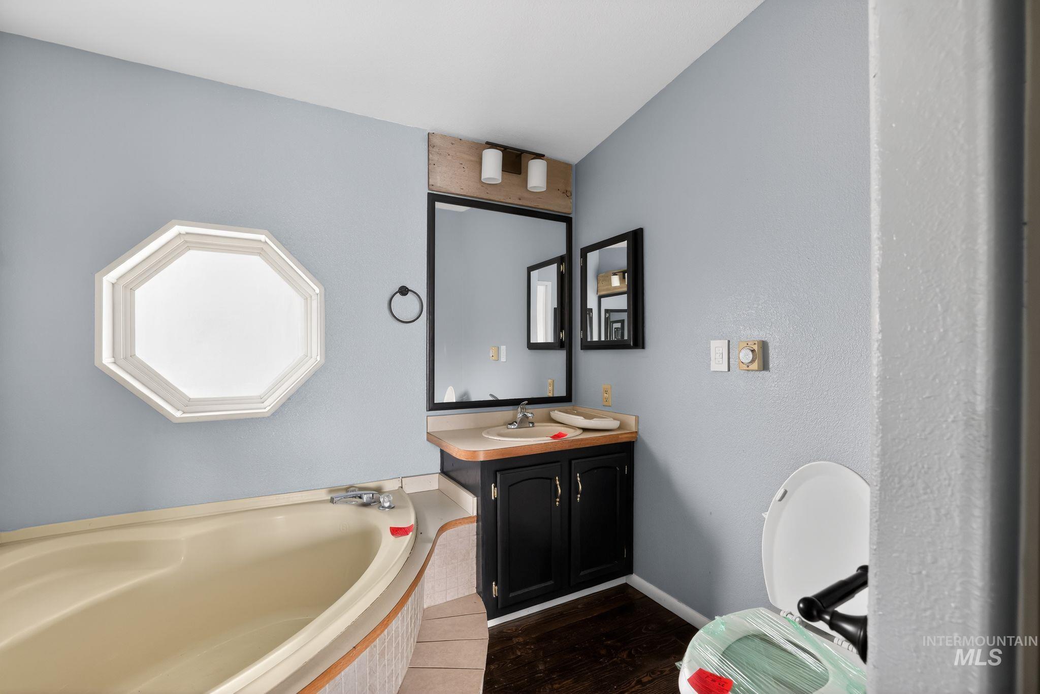 Full bathroom with vanity, dark wood-style flooring, and a garden tub