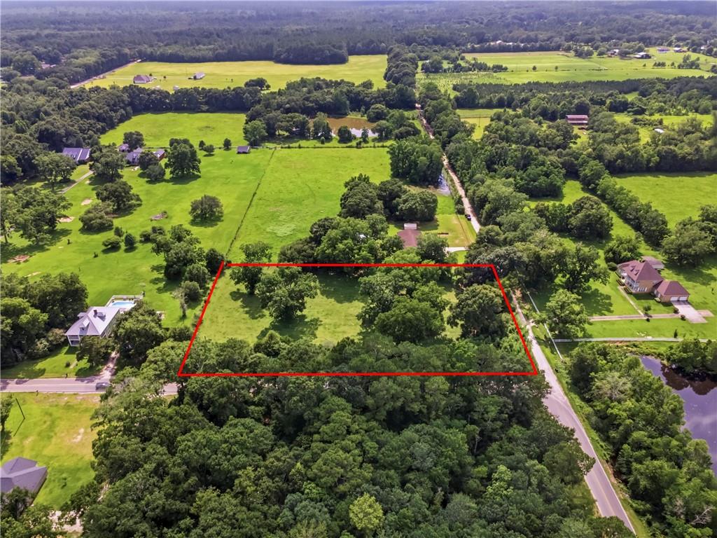 Expansive land parcel outlined in red, featuring a mix of mature trees and open green spaces
