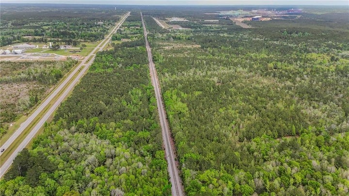 Aerial view of a heavily wooded area