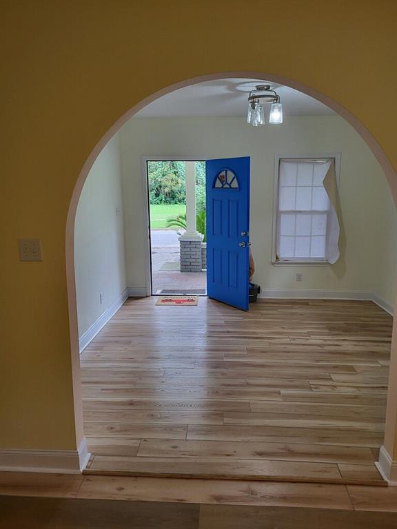 Arched doorway leading to an interior space featuring wood-finish flooring, a bright blue front door with a decorative transom, a window with a multi-pane grid, and a modern three-light ceiling fixture