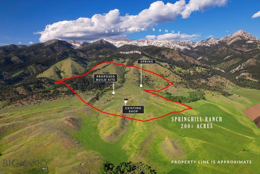 Springhill Vistas Ranch is an exclusive mountain enclave offering just over 200 acres of breathtaking landscape in one of the Gallatin Valley’s most coveted and scenic corridors.  This property combines unrivaled privacy, DIRECT  access to over 70,000 acres of National Forest land, and truly exceptional legacy potential. Positioned to capture the most expansive and sweeping views of the surrounding farmland and the valley below, Springhill Vistas boasts a setting that is both elevated and awe-inspiring. Live spring water originating on-property provides ample and convenient water for both stock and wildlife. Frequent sightings of Elk, whitetail and mule deer, black bear, Hungarian partridge and mountain grouse can be enjoyed throughout the year.  From sunrise over the Bridger Mountains to sunset across the Gallatin Valley, every moment here is framed by Montana’s natural grandeur. Also available for consideration are completed construction drawings, landscape plans, and an interior design package, ready for submittal to the county for a future grand main residence. This visionary design by NVS Architects creates the opportunity to build a showpiece estate, blending seamlessly with the rolling terrain and timeless mountain backdrop. The land itself is a mosaic of open meadows, gentle ridge lines, and mature trees, offering ideal building sites and incredible flexibility for a variety of ranch or recreational uses. A substantial 60x70, newly built shop with power is already in place—already stubbed for plumbing, perfect for equipment storage, staging construction, or serving as a base for future improvements. While the setting feels remote and serene, Springhill Vistas Ranch lies just 20 minutes from Bozeman, offering rare proximity to fine dining, art, culture, and recreation—all while preserving a deep sense of seclusion. Whether you’re seeking a generational estate, a luxury retreat, or an investment in one of Montana’s most beautiful and legacy-rich regions, this parcel delivers scale, vision, and opportunity on a level rarely found.