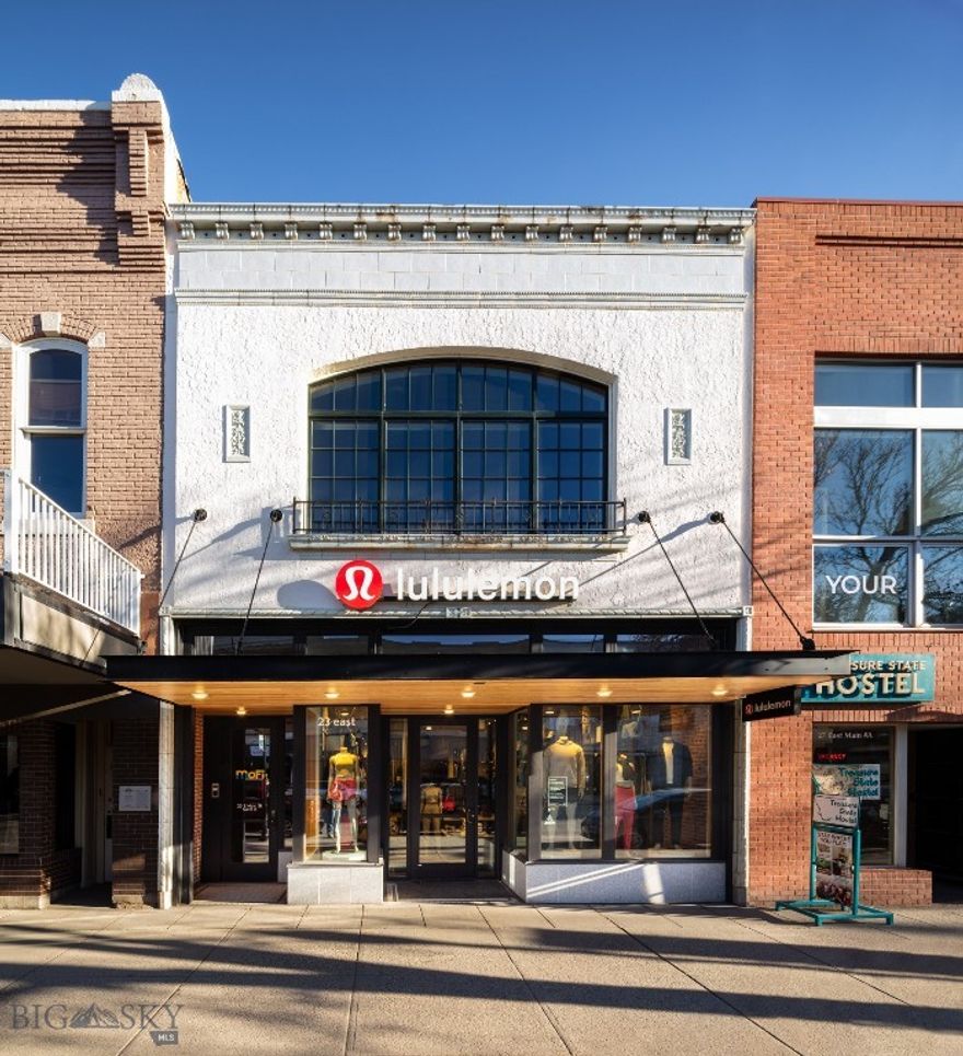 Prime retail opportunity in the heart of historic downtown Bozeman currently occupied by Lululemon. Considered one of Lululemon's and Bozeman's highest sales per square foot locations, this location receives over 2 million annual pedestrian visitors.  23 East Main offers ±3,000 SF of premium retail space available October 1st 2025. Located on the sunny north side of Main Street, this fully renovated Class A building features restored hardwood floors, exposed brick, and energy-efficient thermal windows throughout. Modern system upgrades include HVAC, plumbing, electrical, and high-speed fiber internet. Dual access from both Main Street and the rear alley. The building includes two tenant parking spaces, and the 435-space Bridger Parking Garage is directly behind 23 East Main. High-traffic destinations like The Armory, AC Marriott, The Element, The Lark, and 5 West are all less than a five-minute walk. Zoned B-3 (Central Business District), this high-visibility space is ideal for businesses looking to establish a presence in one of Montana’s fastest-growing downtowns. The lease term is 5 years.