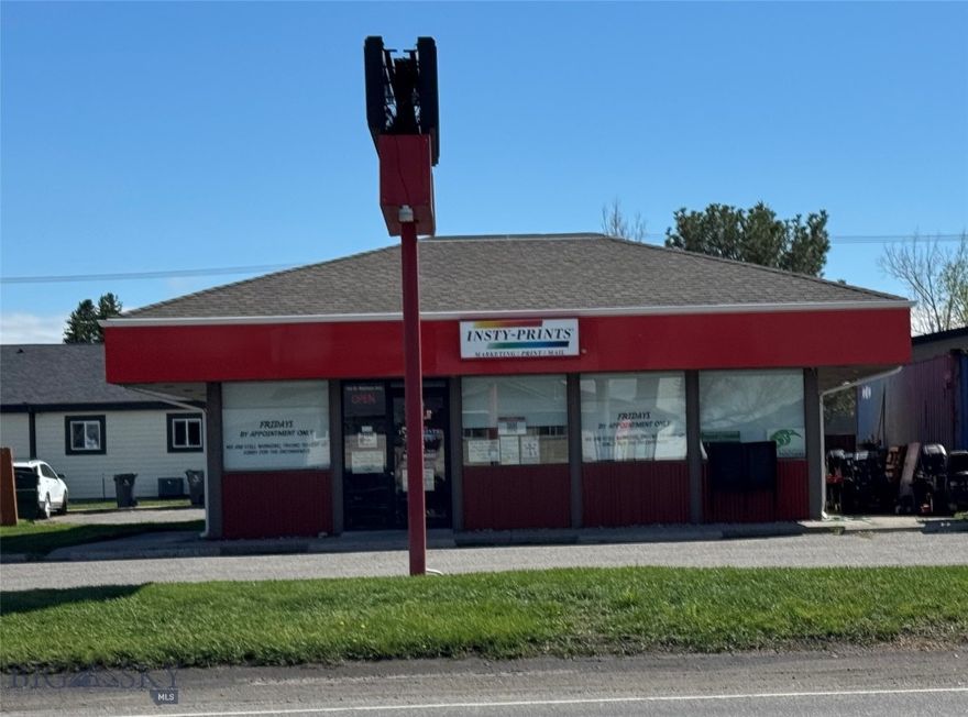Located in the thriving heart of Belgrade, Montana, this commercial property offers exceptional visibility and access along one of the area's busiest business corridors. This building offers 1,800 sf  of flexible interior space. This well maintained building is suited for retail, office, or service-based businesses looking to establish or expand their presence in a fast growing market. The building sits on approx. 9200 sf lot with ample parking. Large front facing windows and prominent signage make it ideal for attracting drive by and walk-in traffic. Just minutes from I-90 & the Bozeman Yellowstone International Airport and surrounded by established local businesses and new development. This is a rare opportunity to secure a premier commercial location in one of Gallatin Valley's most rapidly developing communities.
Property currently houses a Printing business (business is not included). Building was remodeled in 2018. Per Belgrade City this property is in URD 3017 (Belgrade Urban Renewal District).