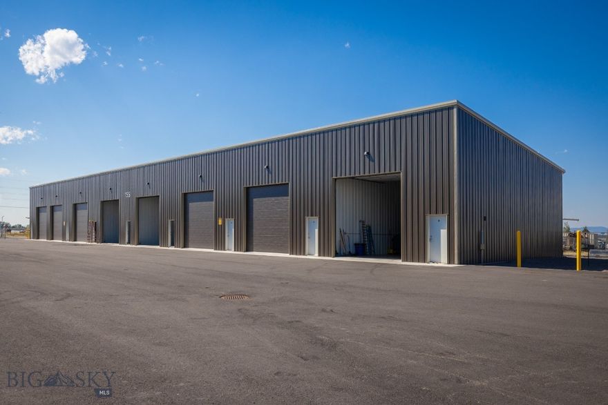 Commercial condo, new construction. Located on the highly sought after Jackrabbit corridor between Belgrade & Four Corners on the way to Big
Sky. Easy in and out access off of Jackrabbit lane. Five minutes to the Bozeman Airport. 14' x 14' overhead garage doors with electric openers,
6" concrete slab, option for mezzanines in back third of units, ceiling height is 19'-11" in front & 16'-3" in the back, Energy Saver Systems
insulated walls R-25 and R-40 ceiling fiberglass insulation, Steel siding on side interior demising walls, This unit does not have a bathroom and is
not permitted for a bathroom, concrete floor French drain in front third of bays, 48" x 48" sliding window up high, 3' x 7' walk through door with
dead bolt, ceiling hung gas unit heater, fully paved lot & entrance off of Jackrabbit lane. Gated entrance with 6' chain link fence with barbed wire
top around perimeter. Great heated units for Collector cars/vehicles, RV/ Boat storage, small businesses, hobby/workshop, furniture, storage.
Due to State law no marijuana businesses are allowed, covenants do not allow engine shops, mechanic shops, all businesses need approval
from Condo Association, no outside parking of equipment or trailers. Additional covered 40' x 12' x 14' storage units available to rent in another
building for trailers or vehicles. Association fees are $350/ year with a one time "in Reserves" setup fee of $350, covers snow plowing, weed
control, insurance, grounds keeping. Seller is a licensed Realtor in the State of Montana. All listing information provided is deemed reliable,
however Buyer/Buyer's agent should verify by performing their own due diligence.