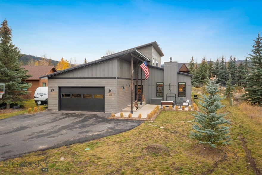 Located in the highly coveted South Fork neighborhood, this modern mountain retreat offers the perfect balance of convenience, comfort, and contemporary design. Built in 2019, the home is just a short bike ride to Big Sky’s Town Center — the true heart of the community — where you’ll find restaurants, shopping, the BASE community center, and the ice-skating rink. Big Sky Resort is only ten minutes away for world-class skiing and mountain adventure.
Thoughtfully designed with 3 bedrooms, 2.5 bathrooms, a dedicated office, reading nook, and a cozy kids’ TV area, the layout suits both full-time living and vacation stays. The open-concept living and kitchen area is elevated by herringbone-patterned floors, soaring ceilings, and a gas fireplace that creates a warm, inviting atmosphere.
The chef’s kitchen features a five burner gas range, additional oven, functional custom cabinetry with integrated spice racks, specialized drawers for plates and bowls, and seamless quartz countertops that extend up the backsplash. The oversized sink with an integrated cutting board adds both form and function.
Set on nearly half an acre, the property provides space to relax and enjoy the outdoors, while the large garage offers ample storage for bikes, skis, and all your Montana adventure gear. Additional upgrades include air conditioning, a rare and highly sought-after feature in newer Big Sky homes.
30 Whitefish Drive combines craftsmanship, thoughtful design, and unbeatable proximity to Big Sky’s best amenities — a true South Fork gem.