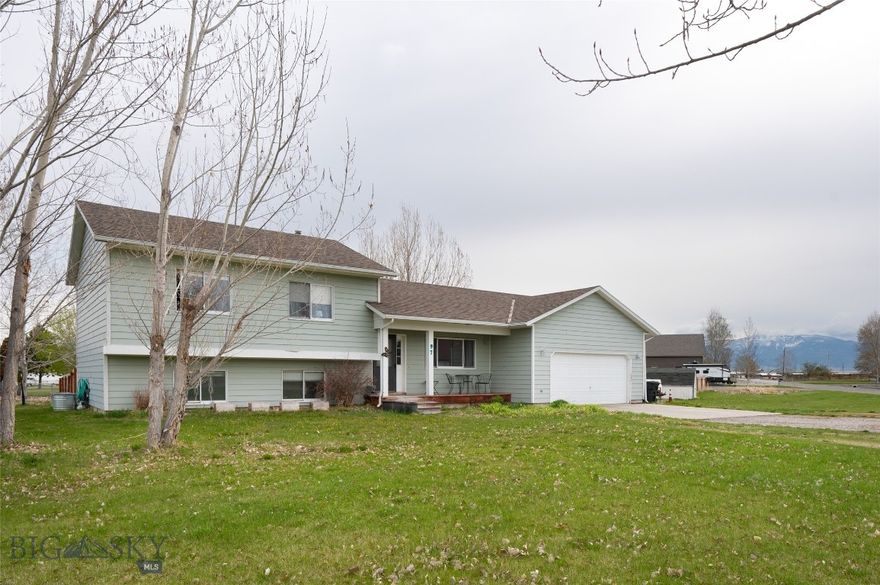 Enjoy this spacious one-acre corner lot with a private fenced backyard.  The seller loves the privacy, location, space, and beautiful mountain views.  The property has a large, newer privacy fence, playhouse, deck, and several trees in the backyard, plus a shed for tools on the front side. The covenants even allow for a shop to be built, per the approval of the design committee. This tri-level home is very accommodating with 4 bedrooms, an office, and a family room. However, these rooms could be used for your personal preferences, such as an exercise room, playroom, hobby room, etc. As you enter the front door into the living room, it flows to the dining area and kitchen with a pantry. The laundry room and an office/bedroom or flex room are through the kitchen. The upper level features the master bedroom with a private bathroom, two bedrooms, and another full bathroom. The lower level is a daylight basement with a possible family room, another bedroom, a utility room, and crawl space storage.  There is a private well and septic, plus underground sprinklers. And finally, with the ample parking space of this lot, you'll have plenty of room for your RV's, boats, and other equipment for your Montana adventures.  Less than 10 minutes to the airport, only 5 minutes to Erwin Bridge Fishing Access Site on the Gallatin River, just 34 minutes to Bridger Bowl Ski Resort, about 56 minutes to Big Sky, less than 90 minutes to Yellowstone National Park, and conveniently close to many trailheads in the national forest for you to explore pursuing all your outdoor activities (according to Google Maps).