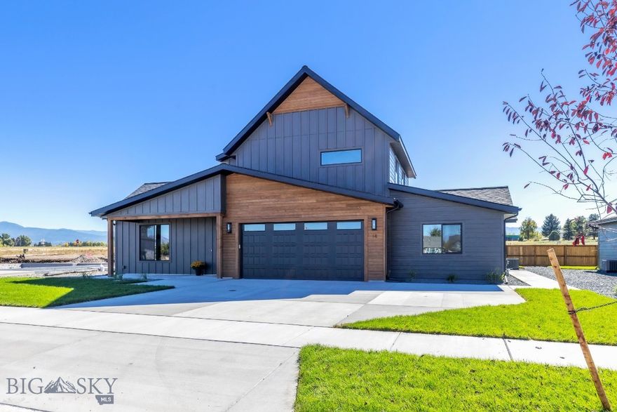 Brand New Multi- Generational home! South West Bozeman new home 3-bedroom, 2.5 bath residence with a attached MAIN level 1 bedroom 1 bath unit. . The open-concept living area features a gas fireplace and vaulted ceilings, seamlessly flowing into kitchen with a pantry. The main-level master suite, offering vaulted ceilings, bathroom with dual vanity, and a walk-in tile shower. ADU features full kitchen with all appliances, sepreate exterior entrance and bathroom with tiled walk-in shower Central Air conditioning included! Enjoy the vibrant Bozeman lifestyle with easy access to trails, schools, and downtown.