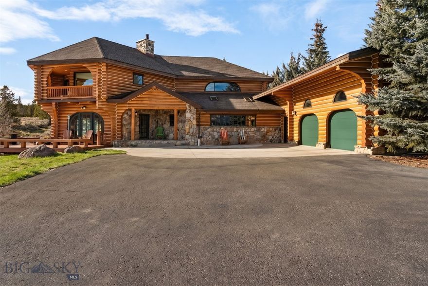 Set on nearly three acres with sweeping views in every direction, this classic Montana log home offers space, privacy, and timeless character—just minutes from town and world-class recreation. Located only five minutes from grocery stores, shops, and the hospital, and approximately fifteen minutes from Big Sky Resort, this property delivers the rare combination of convenience and wide-open Montana living. Wildlife is a regular presence, with a local elk herd frequently passing through the property. The home encompasses approximately 5,500 square feet and has been well cared for, including professional property management with weekly inspections for over a decade. An extensive renovation completed in 2017 included a new roof, kitchen remodel with improved layout through opened walls, two remodeled bathrooms, and new flooring. Modern systems complement the home’s rustic character, including newer boilers and a radiant in-floor heating system that can be monitored and adjusted remotely, along with integrated water sensors for added peace of mind. Four ensuite bedrooms provide private retreats for family and guests, while multiple entertainment spaces—including a billiards area, gym space, and additional TV lounge—offer plenty of room to gather and entertain. The great room is anchored by a beautiful stone fireplace and is being conveyed mostly furnished, including a custom couch that makes it an ideal space to relax after a day of skiing or exploring Big Sky. This is a rare opportunity to own a thoughtfully updated Montana home that blends classic log craftsmanship with modern comfort, generous living spaces, and an exceptional setting close to everything Big Sky has to offer.
