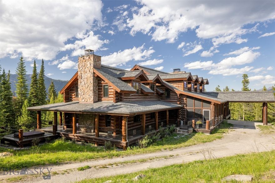 Welcome to the Special K Lodge! This spectacular 5BR/6BA, 5,451 sq ft luxury log home on a rare double-sized 40 acre lot in Big Sky's Elk Ridge Ranch is just 10 minutes from Big Sky Town Center and only 5 minutes to the iconic Gallatin River. The exceptional property offers unobstructed views of both Lone Mountain and the Spanish Peaks, creating a breathtaking backdrop year-round. Crafted with high-end finishes throughout, the home features a gourmet chef’s kitchen outfitted with top-tier appliances, a massive floor-to-ceiling rock fireplace in the vaulted-ceiling great room, and five spacious bedrooms. The master bedroom is on the main level and boasts its own rock fireplace. Upstairs you'll find 2 additional en-suite bedrooms and a family room, and the lower level has an additional bedroom/bath, as well as a bunkroom with built-in bunks reminiscent of an old train car. Step outside onto the enormous 360° wraparound deck perfect for entertaining or quietly soaking in the scenery and wildlife, and unwind in the private hot tub under Montana’s big sky. Or enjoy your morning cup of coffee while sitting in the large screened-in porch off of the kitchen. This is true Montana living: private, peaceful, and simply unmatched.