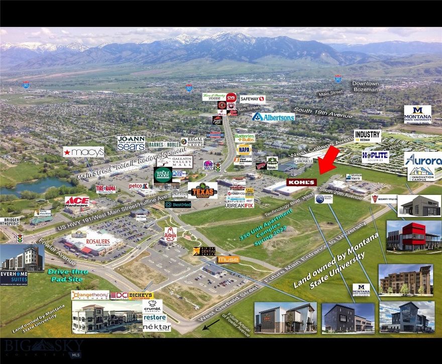 2.3-Acre Parcel in Bozeman's Thriving Development Hub
Located just south of Main Street and directly east of Kohl’s within The Bozeman Gateway Development, this 2.3-acre parcel is situated in an area experiencing significant growth and development. The property is surrounded by numerous retail businesses, a new hotel, a prominent grocery anchor, and is adjacent to MSU's Innovation Campus Development.

Offering flexible zoning within a Planned Unit Development (PUD), this parcel allows for expanded uses beyond the typical B2 zoning designation. All city services are readily available, and off-site improvements can be negotiated to suit specific needs.

This prime location is ideal for a variety of uses including hotels, restaurants, retail establishments, office spaces, fitness centers, technology ventures, and medical facilities. The maximum building size across all four parcels is 43,000 square feet for traditional office use. Different uses may impact parking availability or alter the maximum building size, and lots can be subdivided for smaller end-users.

Property is situated within an Opportunity Zone, providing potential tax benefits. The ground lease rate will vary based on the intended use. Photos showcase other available ground lease and build-to-suit pad sites and parcels highlighted in green shading.

Explore the exceptional opportunities offered by this strategic location in the heart of Bozeman's dynamic development landscape.
