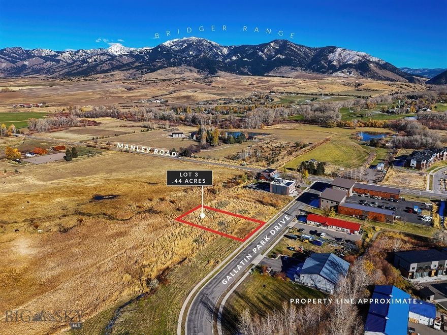 Lot 3 in the Gallatin Park neighborhood is one of three adjoining lots available.  Situated on the north end of the development, these lots have unobstructed Bridger Views.  The development includes a wide variety of buildings, including live/work condos, commercial warehouses and businesses of all kinds.  These lots are zoned M-1 for light manufacturing, offering a blank canvas for a variety of development possibilities to meet your needs.  The area has beautiful views, is positioned for growth, easily accessible, and provides the ideal foundation for your next commercial project.  Just across Manley Road is the Glen Lake Rotary Park with large lake and walking trails and MAP Brewing is just down the street.  Plans for a live/work condo building encompassing all three lots is available upon request.