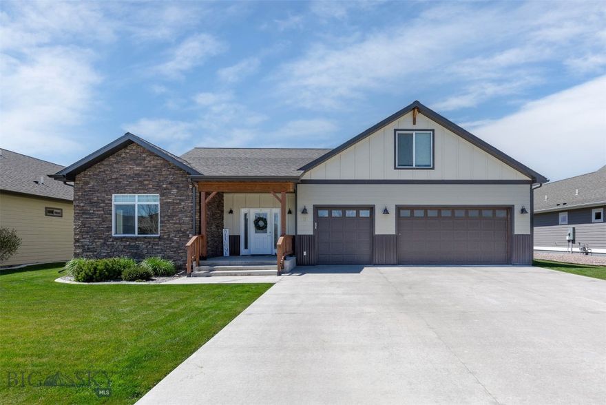Come home to Montana and enjoy the desirable and highly sought after Pioneer Crossing Subdivision in Manhattan! Enjoy the vaulted ceilings and inviting open living and kitchen area. The fully tiled backsplash with large counter space, island and pantry gives the kitchen enthusiast ample storage and prep space. The living room boasts a custom tiled corner fire place that gives the home added warmth and a cozy feel. The dinning area opens to a nice back patio and allows plenty of space for your family to gather and enjoy the backyard. The primary bedroom suite is privately located at the back corner of the home, and boasts a large walk-in closet and split vanities. The warm tile shower is another added bonus.  Two additional bedrooms share a full bathroom on the main level as well. Upstairs is a spacious bonus bedroom, could be perfect as an informal family room, media room, office or a flex space of your choice. The oversized three car garage is perfect for all of your vehicles, toys and storage. This mostly single level home is spacious with an open and light-filled layout with additional room above the garage.