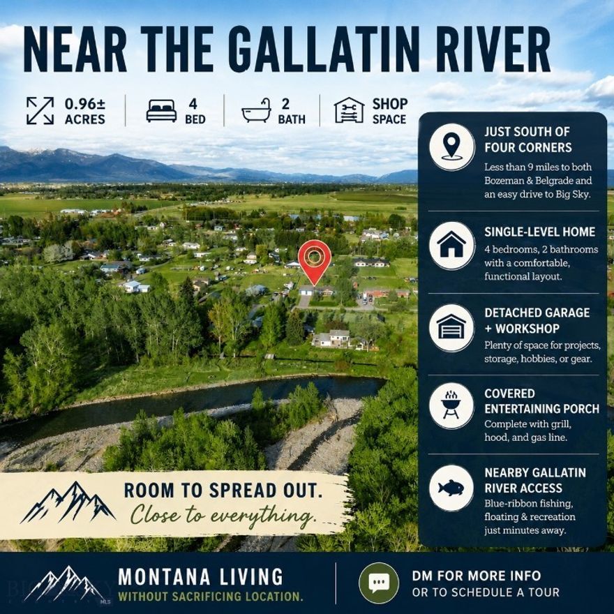 Just south of Four Corners on Magenta Road, this nearly 1-acre property offers a rare opportunity to enjoy Montana living with space, convenience, and the Gallatin River just moments away. Set in one of the valley’s most desirable locations, the property sits less than 9 miles from both Bozeman and Belgrade, while Big Sky Resort is an easy drive south for world-class skiing, golf, hiking, and year-round adventure. Nearby public access to the Gallatin River places blue-ribbon fishing, floating, and recreation close to home without the maintenance of riverfront ownership. The 0.96± acre lot provides the freedom to create your ideal setup — gardens, outdoor entertaining spaces, a fire pit under the stars, additional storage, or simply room to enjoy wide-open Montana skies and privacy. Inside, the single-level ranch-style home features a practical and comfortable 4-bedroom, 2-bath floor plan designed for easy everyday living. No stairs, no wasted space — just a functional layout that fits a variety of lifestyles. The attached 2-car garage offers even more versatility with a large shop space in the back, ideal for projects, storage, outdoor gear, hobbies, or a dedicated workspace. The back covered porch is complete with grill, hood and gas line just perfect for entertaining. This is the kind of property that’s increasingly difficult to find in the Gallatin Valley — close to everything, yet with the space and character that make it feel a world apart.