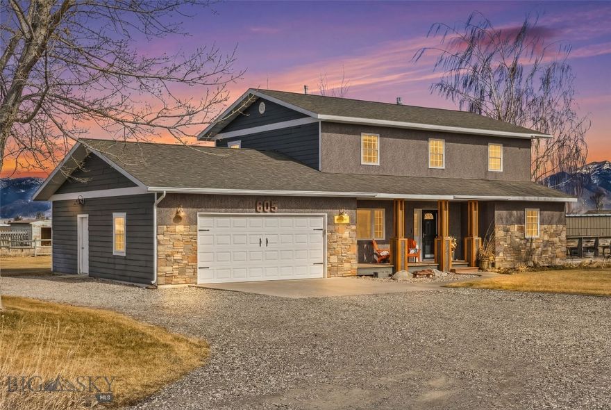 605 E Cameron Bridge is a 2,500-square-foot, three-bedroom, two-and-a-half-bath home on 5.22 acres northwest of downtown Bozeman. Built in 1992 and well maintained, it sits with a southern exposure that frames farmland and mountain views across open sky, with no HOA and livestock permitted.
The main level runs 1,500 square feet and is laid out for real use. The kitchen, dining, and living areas connect without feeling forced, anchored by a gas fireplace in the living room. A den or office sits off the main space, laundry is on this level, and the half bath is here too. Engineered wood and tile make up most of the flooring. Forced air gas heat and central AC. The kitchen is stocked with what it needs: range, refrigerator, dishwasher, microwave.
Upstairs, all three bedrooms sit together on the second level, including the primary. Both full baths are up here, with walk-in closets throughout. The layout keeps the living and sleeping spaces cleanly separated.
Outside, the property has a covered deck, an open deck, mature trees, open lawn, a shed, and partial fencing already in place. A ditch runs the property. Gravel drive off E Cameron Bridge with dirt road access. The 2-car attached garage adds another 575 square feet.
5.22 acres with southern exposure. Private well and septic. Livestock permitted, no HOA. 2-car attached garage. $3,624 in 2025 taxes. Ten minutes to the airport. Ten minutes to downtown.