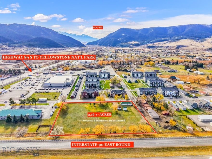 RARE COMMERCIAL OPPORTUNITY to secure prime I-90 frontage in Livingston, Montana, gateway to Yellowstone National Park. Supreme visibility from I-90 and Highway 89 South is unmatched making this 2.16 +- acre property  ideal for a business seeking high-profile exposure. Livingston is the destination for those seeking the North Entrance to Yellowstone National Park and statistics show nearly 4.7M visitors passed through all of its gates in 2024 (per NPS).  The new zoning  district proposed for this property is High Density Residential – Mixed Use (HMU) which is expected to be adopted in early January 2026. City water and sewer services are adjacent to the property streamlining development potential.