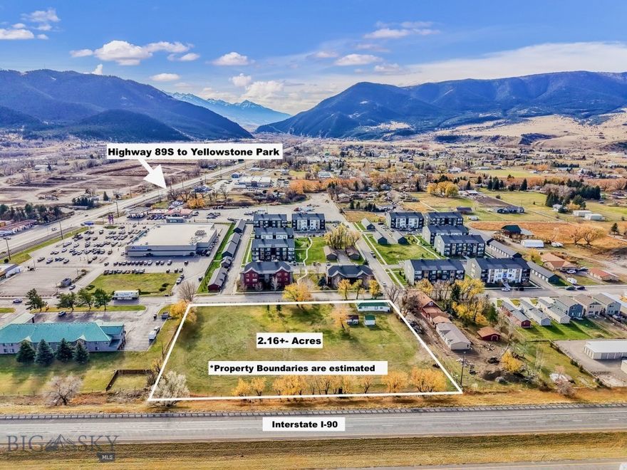 RARE COMMERCIAL OPPORTUNITY to secure prime I-90 frontage in Livingston, Montana, gateway to Yellowstone National Park. Supreme visibility from I-90 and Highway 89 South is unmatched making this 2.16 +- acre property  ideal for a business seeking high-profile exposure. Livingston is the destination for those seeking the North Entrance to Yellowstone National Park and statistics show nearly 4.7M visitors passed through all of its gates in 2024 (per NPS). Zoned as High Density Residential – Mixed Use (HMU). City water and sewer services are adjacent to the property streamlining development potential.