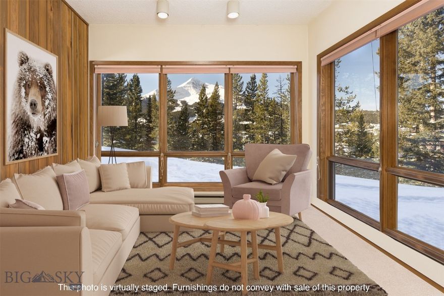 Do you like to perch on top of the world, while also nesting in the comfort of your own home? Look no further. Discover this perfect blend of comfort, style, and breathtaking scenery in this impeccably maintained 1-bedroom, 1-bathroom condo in the desirable Skycrest Condos in the Mountain area of Big Sky, Montana. Spanning 803 square feet, this property offers exceptional value with its priceless and protected views of Big Sky Resort and Lone Peak. Whether you’re searching for a full-time home, a weekend escape, or a short-term rental, this condo delivers.
 
The spacious interior boasts a cozy wood-burning fireplace, ideal for unwinding after a day on the slopes, and a sunroom that invites you to soak in the beauty of Big Sky while planning your next Montana adventure. The oversized storage unit provides a convenient owner lock-off for your gear, while the covered parking in the underground garage ensures your car is safe, secure, and snow free.
 
Step outside to your private patio that opens onto open space to soak in the big views and enjoy the fresh air. This versatile outdoor space is perfect for enjoying the stunning views, playing in the snow, or potentially adding a hot tub to elevate your experience.
 
Located in the heart of Big Sky, this condo provides easy access to world-class skiing, hiking, mountain biking, and fishing, along with vibrant dining and entertainment options. Whether you’re embracing Montana’s outdoor lifestyle or simply enjoying the tranquil mountain atmosphere, this property is your gateway to it all.
 
Remotely controlled thermostats, on-site laundry facilities for residents, and a Skyline Shuttle stop right outside are just a few of the reasons why this needs to be at the top of your Big Sky real estate list.
 
Don’t miss this opportunity to own a piece of Big Sky’s magic. With strong rental potential and incredible versatility, this Skycrest condo is a true gem. Schedule your private showing today and see why Big Sky is one of the most sought-after destinations in the world.
