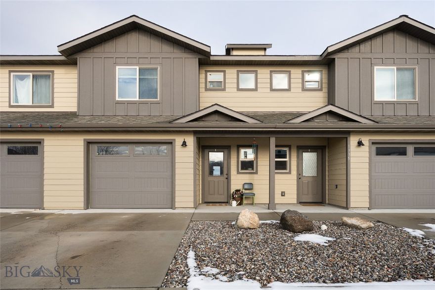 SOUTHSIDE BOZEMAN CONDO WITH VIEWS! Built in 2020, this one owner, 3 bedroom, 2.5 bathroom home offers turn-key, maintenance free living with easy proximity to MSU, Bozeman Health, Downtown, Hyalite Canyon and more! The open concept main floor includes a full stainless steel appliance package, granite countertops, spacious living and dining areas, and direct access to the covered back patio. On the second story you are greeted by a spacious bonus room, ideal for those households needing more living/office space. The primary bedroom is large, with an ensuite bathroom, dual vanities and walk-in closet. Two additional bedrooms, guest bathroom, and laundry room round out the top floor. There is substantial closet and storage space throughout, plus an attached one car garage, additional off street parking, and neighborhood guest parking. Ideal for owner occupancy or the savvy investor, Southside Bozeman Homes at this price are rare, so don't wait to make this your Home Sweet Montana Home!