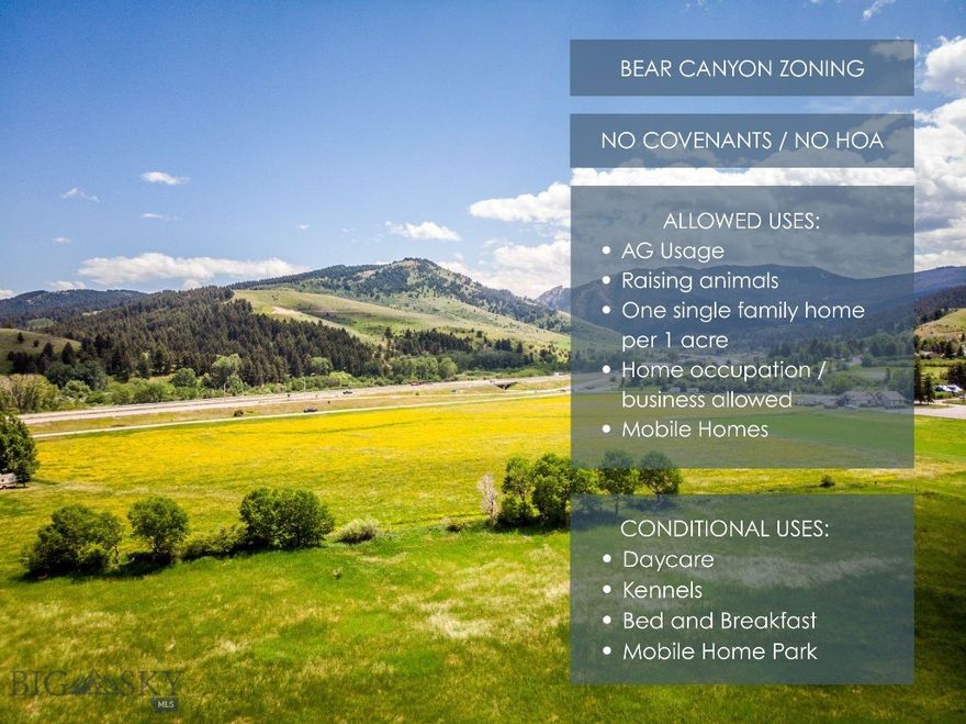 Incredible picturesque mountain views on this vacant 4.67 acre lot with NO COVENANTS. First time ever it has hit the market! Located just right off of Bozeman Trail Road, this property has stunning views of the Gallatin Range. Only 10 minutes from downtown Bozeman, opportunity awaits for you to dream something big on this property. Incredible nearby access to Bear Canyon for all of the outdoor adventures; camping, hiking, and biking. Within less than a 5 minute drive is access to 3 schools; La Motte Elementary School, Mount Ellis Elementary, and Mount Ellis Academy (grades 9-12). If you've been looking to have a mini hobby farm, look no further, this property allows for horses, goats, chickens, etc. Zoning is Bear Canyon Zoning, R-1 Residential. Topography is flat and fully usable, including a 30 foot road and utility easement already platted out.  All utilities including Northwestern Energy, well and septic are buyer's responsibility. Last but not least, Gallatin County and zoning allow for this parcel to be split into 1 acre parcels (one single family home dwelling unit per 1 acre, so a total of 4 HOMES could be built here! (Buyer must perform due diligence, information is not guaranteed).