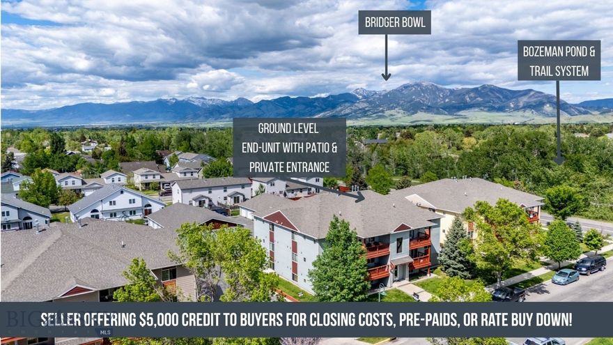 Tired of shared hallways and generic condo living? This ground-level end unit lives more like a townhome, boasting a private entrance and a personal patio—perfect for easy grocery trips, enjoying the fresh Montana air, or accessing the scenic trails at Bozeman Pond. 

The interior features an open-concept living space with a cozy fireplace, built-in shelving, and a kitchen breakfast bar designed for seamless entertaining. The thoughtful floor plan includes a convenient powder room off the main area and two well-sized bedrooms with an additional full bathroom. Just steps from your unit is a private one-car garage offering secure parking or a dedicated storage solution for outdoor gear.

The location is truly unbeatable. You are situated directly across from Bozeman Pond, offering instant access to outdoor recreation, yet you remain just minutes from the MSU campus and the shops, restaurants, and grocery stores of downtown Bozeman. This condo provides the perfect blend of proximity, privacy, and practicality.

The Seller is offering a $5,000 credit to be used toward Buyer's closing costs, pre-paids, or rate buydown! Please note that this unit must be owner-occupied due to current HOA rental ratios. The interior was freshly painted with the exception of the turquoise bedroom, and some photos have been virtually staged to show the unit's full potential.